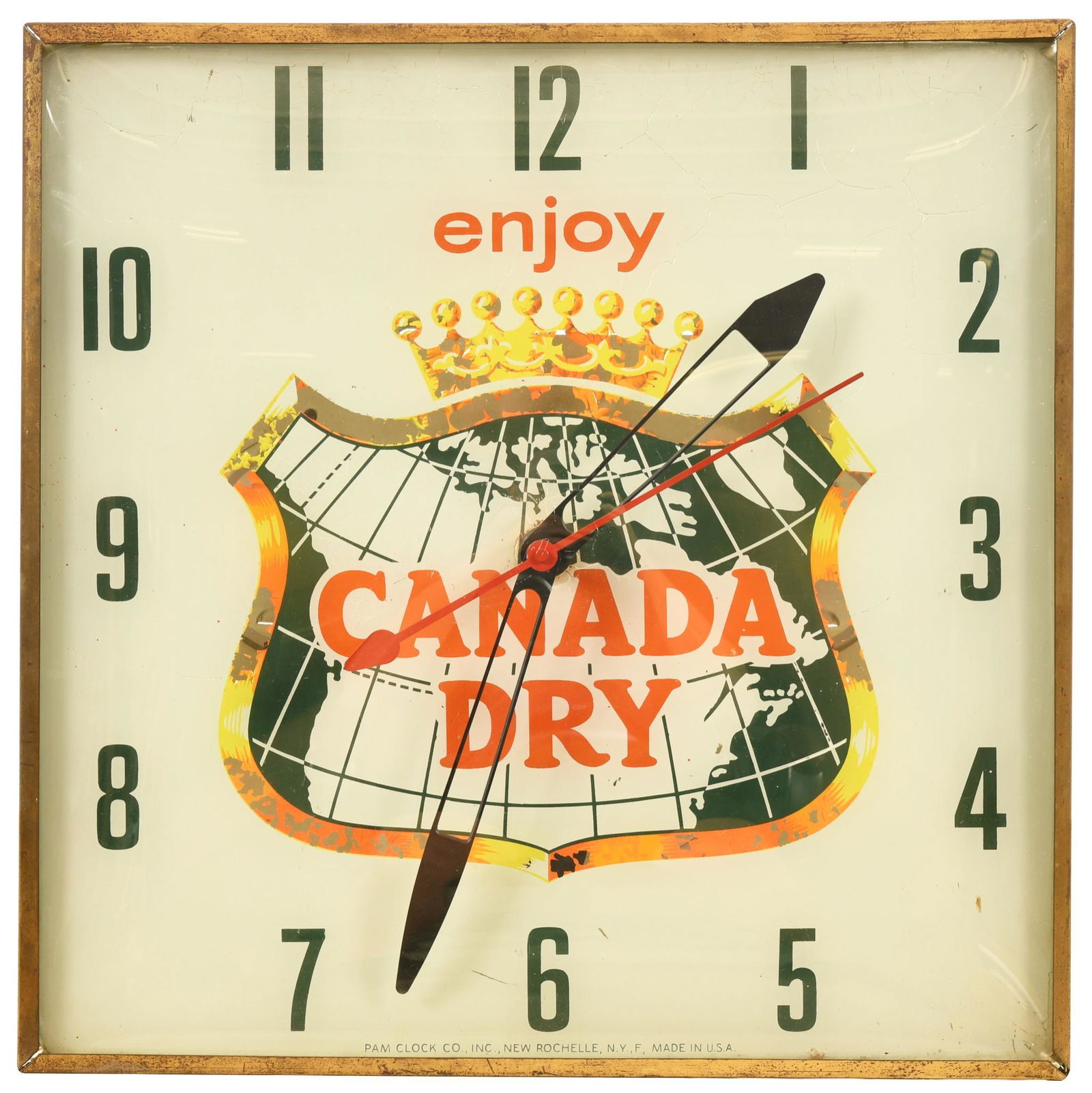 Canada Dry Lighted Pam Clock: Appears to keep time and needs bulbs, shows some wear throughout, 15.25"x15.25", rated 7.25