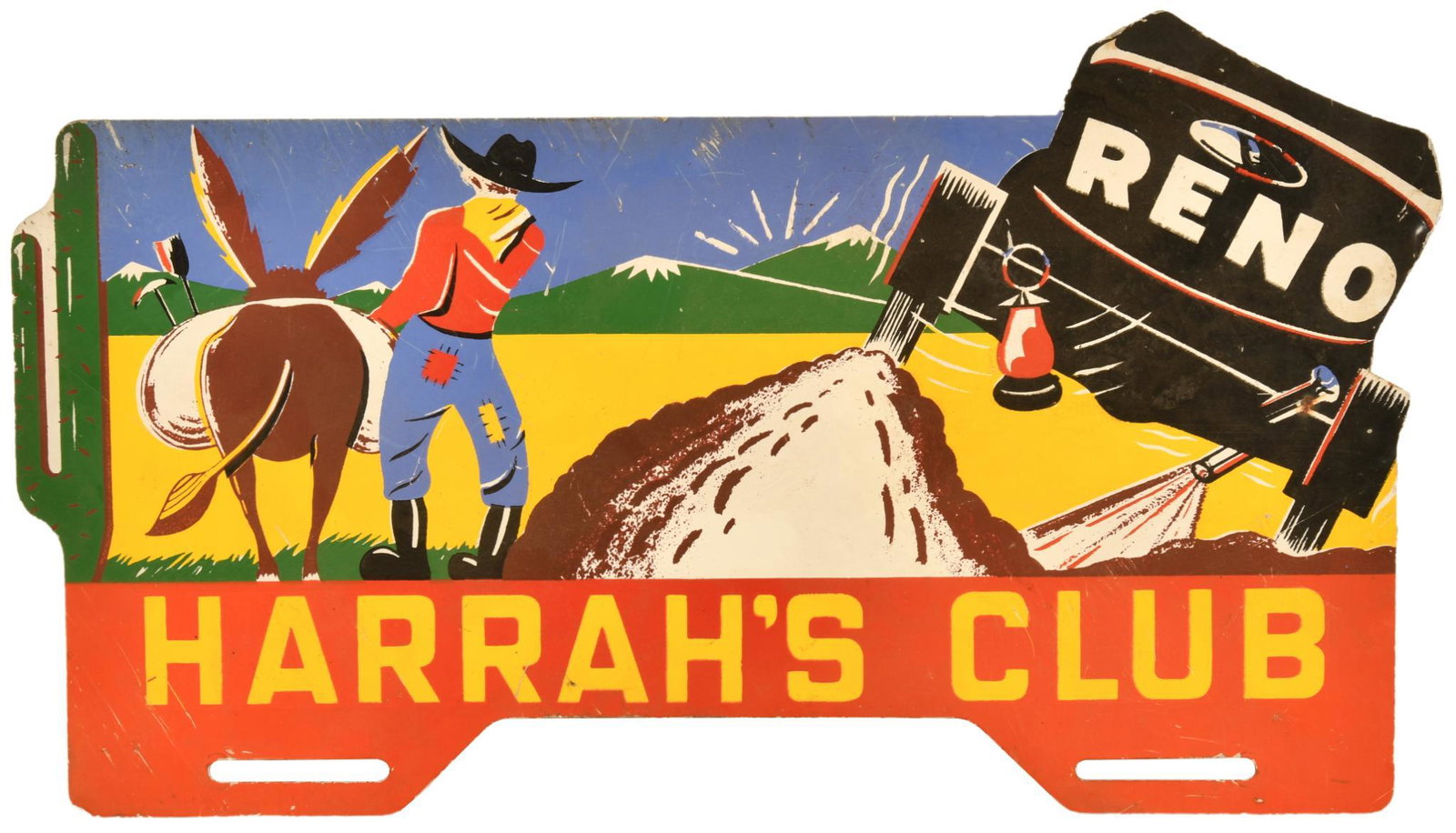 Harrah's Club License Plate Topper: SS aluminum, has good color, shows some wear, light bends, and paint loss, displays well, 7"x12", rated 8.5