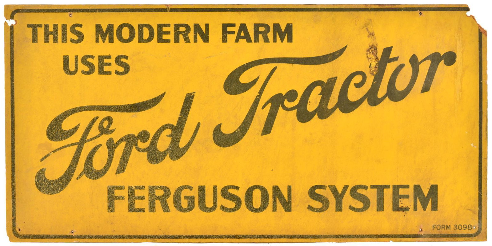 Ford Tractors Masonite Sign: SS, has average-fair color, shows wear, paint loss, and discoloration throughout, has damage at the edge, 10.75"x22", rated 7.5+