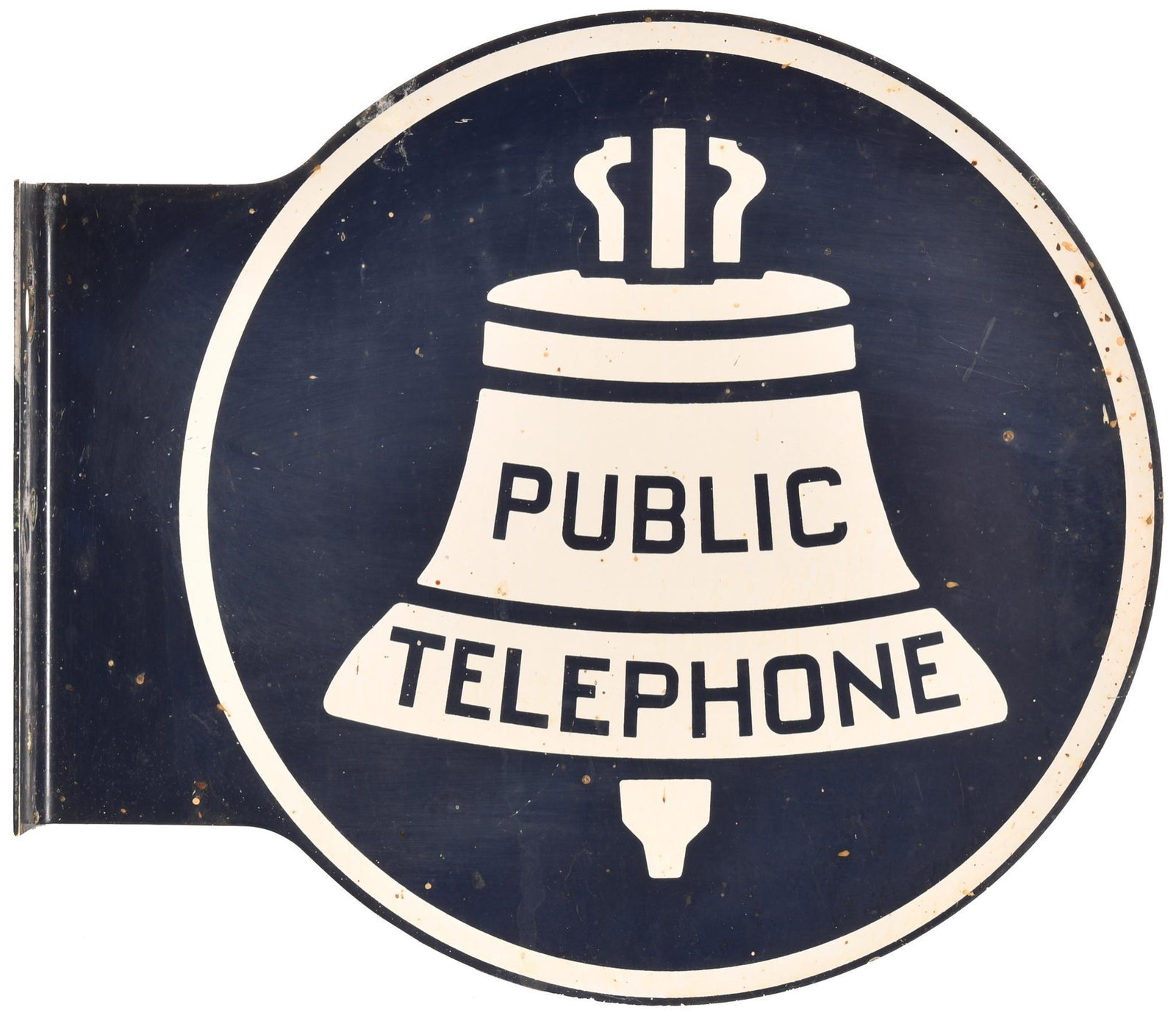 Public Telephone Flange Sign: DS aluminum, has average color and gloss, shows wear, discoloration, paint loss, and paint over, 11.25"x12.75", rated 8 & 7.75+