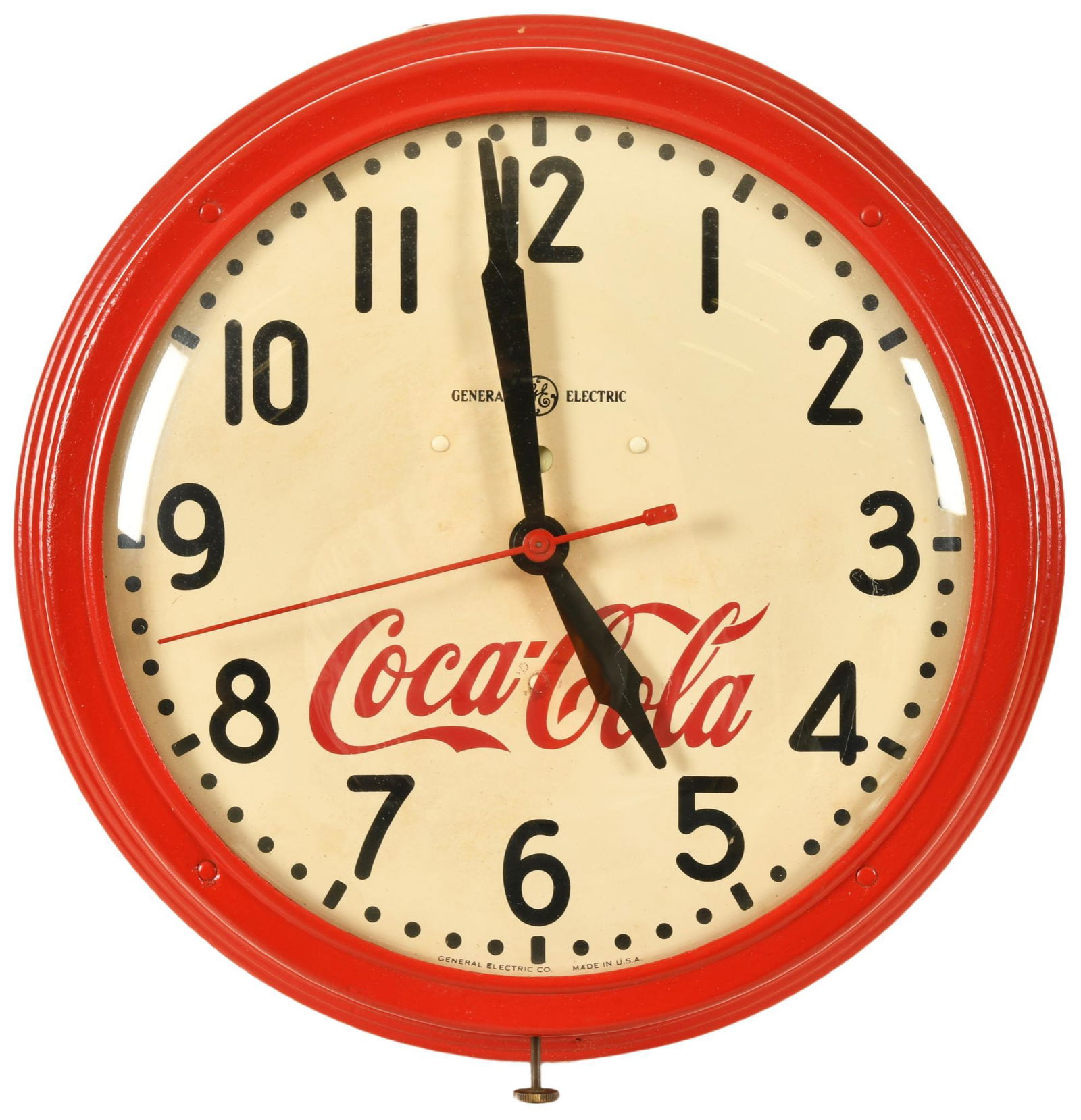 General Electric Coca Cola Clock: Coca Cola appears to be vinyl, case has been repainted, shows wear and paint loss throughout, does not work, 14.5", rated 7.25 repainted