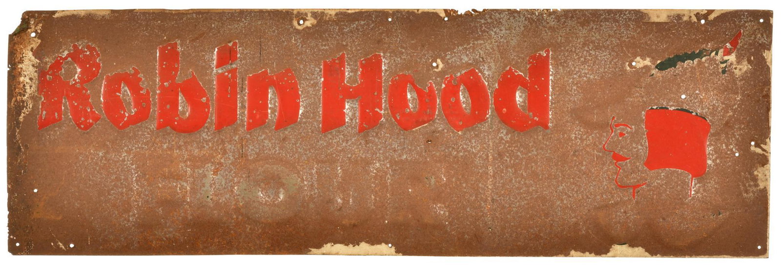 Robin Hood Flour Sign: SSTE, shows heavy wear and metal damage throughout, 11.5"x35.5", rated 3