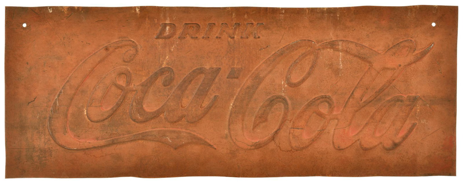 Drink Coca Cola Cooler Panel: SSTE, was cut out of a cooler, shows wear and paint loss throughout, 10.75"x28.5", rated 4.5