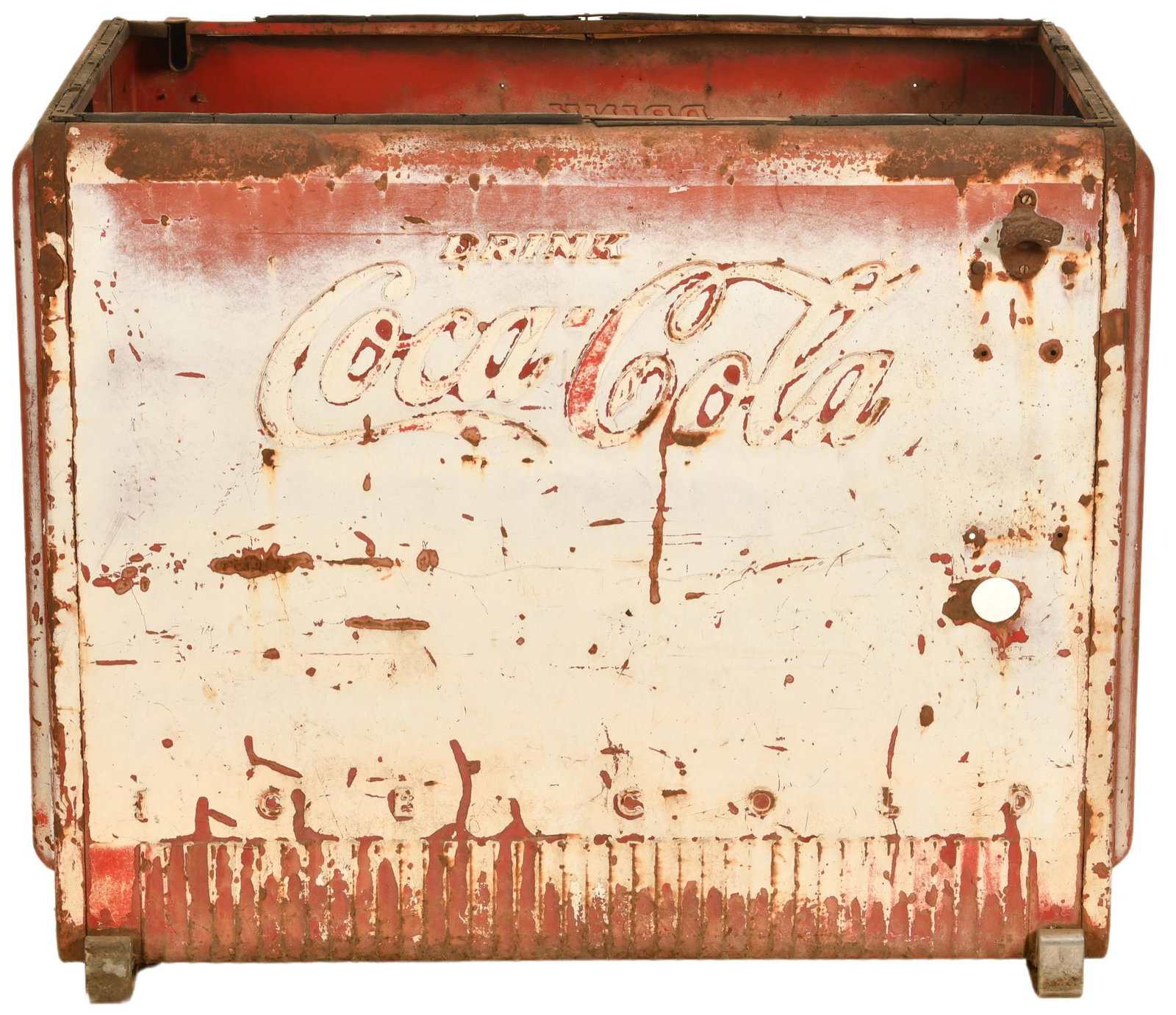 Coca Cola Chest Cooler: Missing many of its parts, embossed sides, shows wear, discoloration, paint over, and bends/dents throughout, 34.5"x41.5", rated 6
