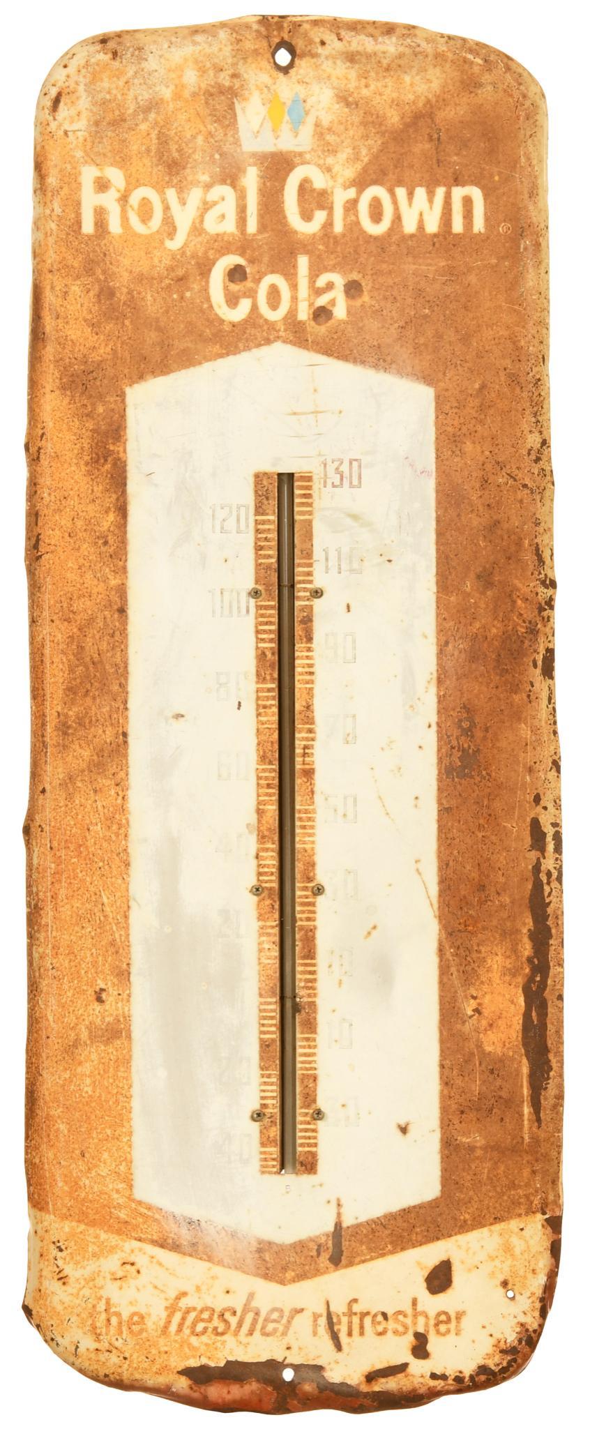 Royal Crown Cola Thermometer: SST, has poor color and gloss, shows wear, paint loss, discoloration, and bends/dents throughout, tube is bad, 26"x10", rated 5