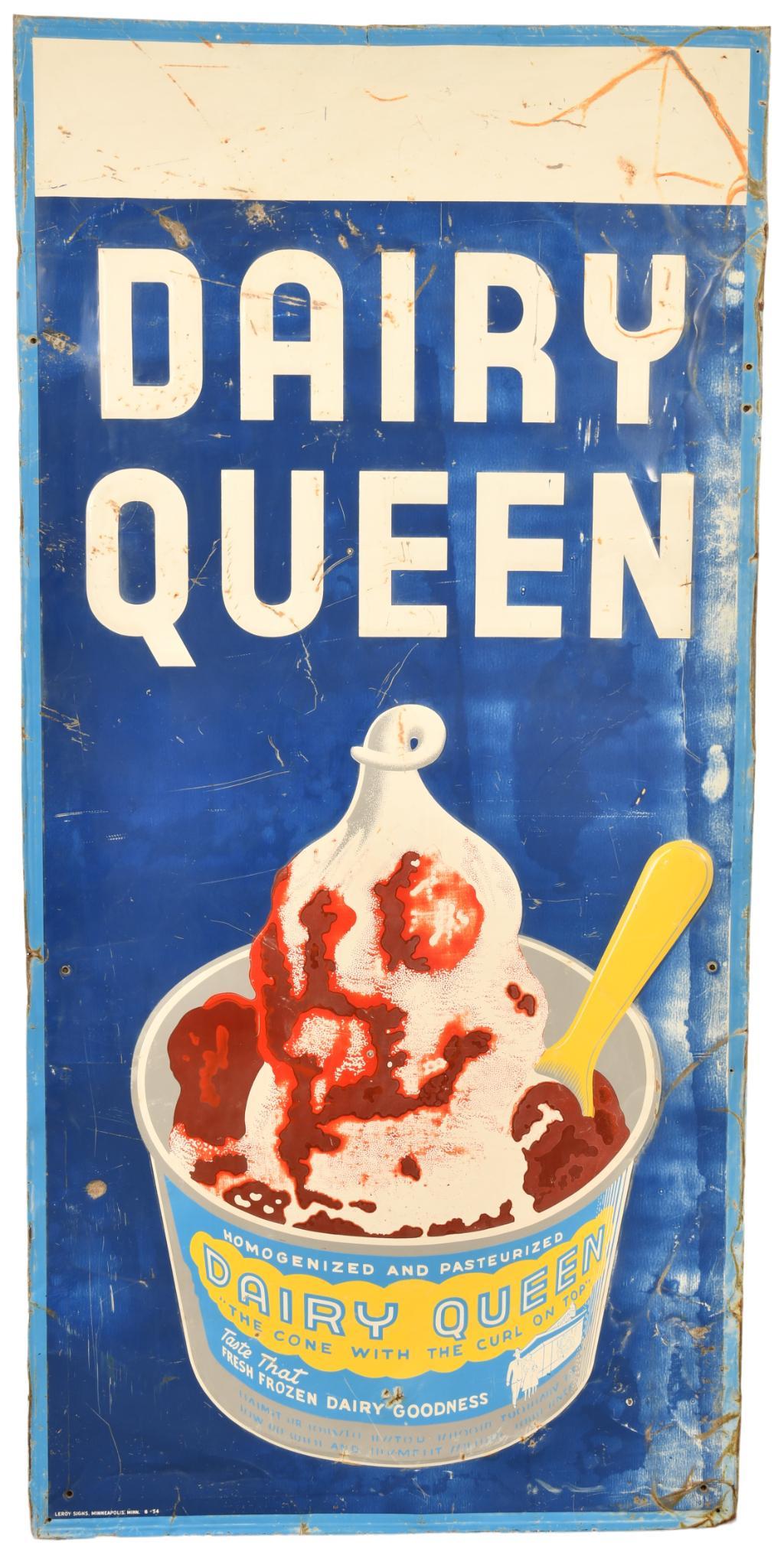 Dairy Queen Vertical Sign: SSTE, has average color and gloss, shows wear, paint loss, discoloration, a few added holes, and bends/dents throughout, displays well with Sundae graphic, 93"x45", rated 7.5