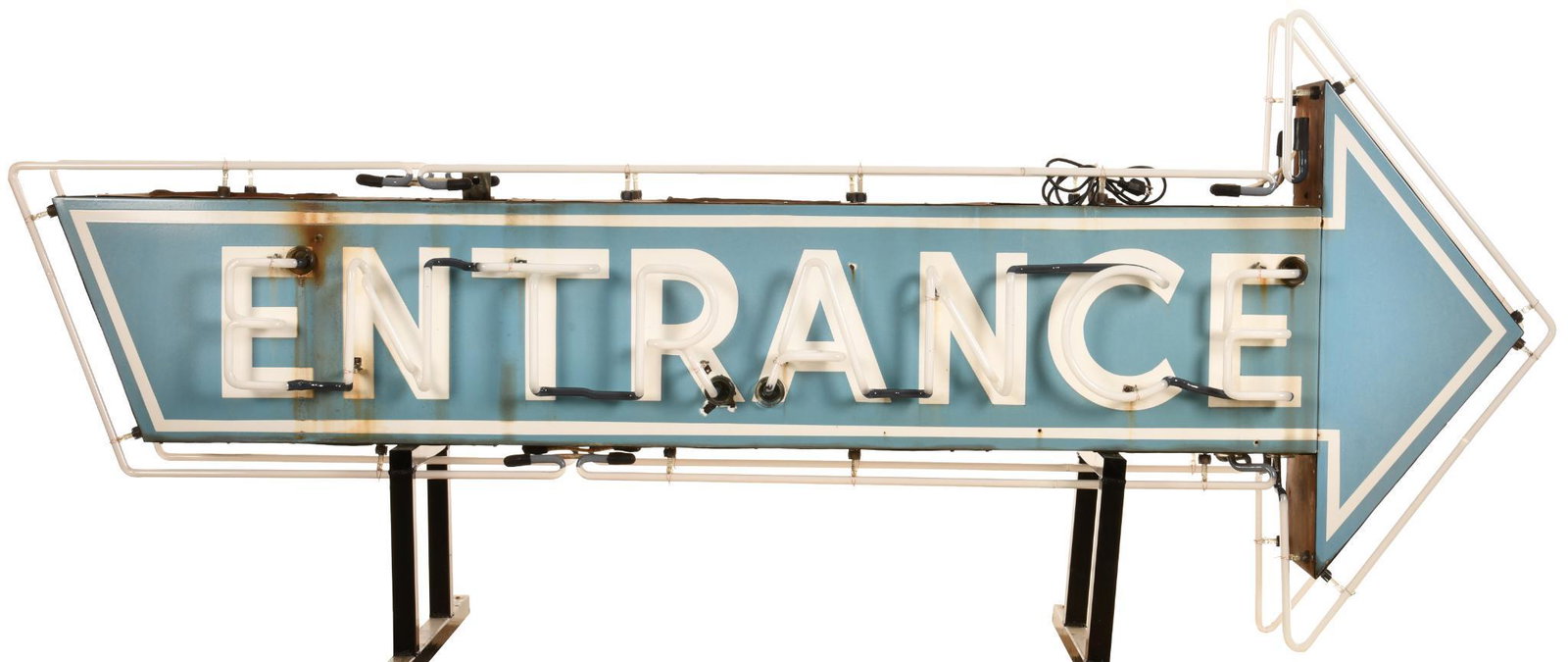 Entrance Arrow Neon Sign: DSPN, has above average color and gloss, shows some wear, discoloration, and a few small chips, displays well and is in working condition, flashes, 44.5"x100", tip of arrow panels on both side are sli