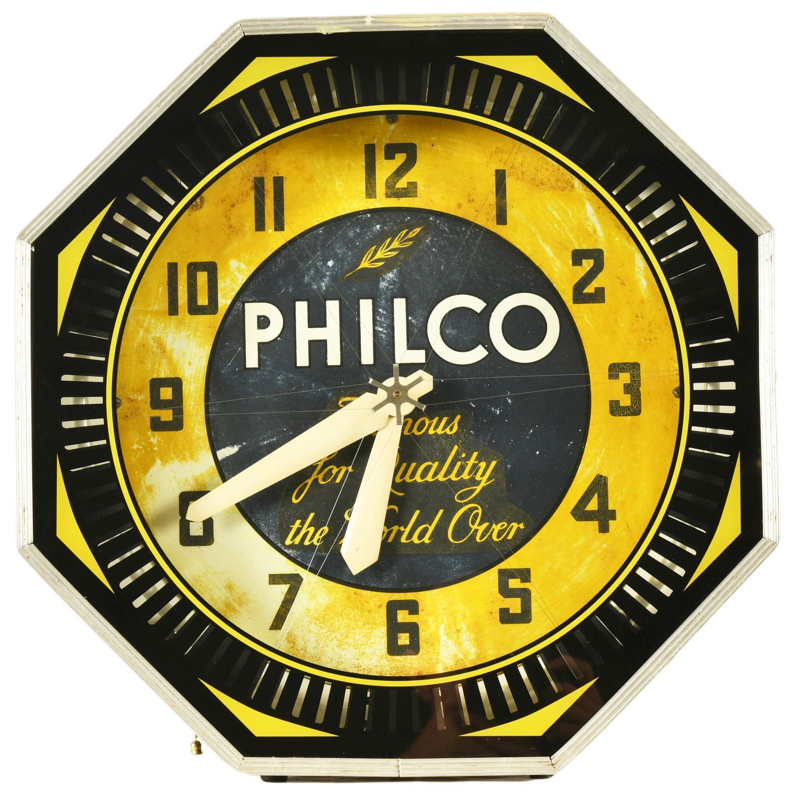 Philco Neon Spinner Clock: Lights up and appears to keep time, shows wear and paint loss throughout, front glass appears to be new, 18.5"x18.5", rated 7.5