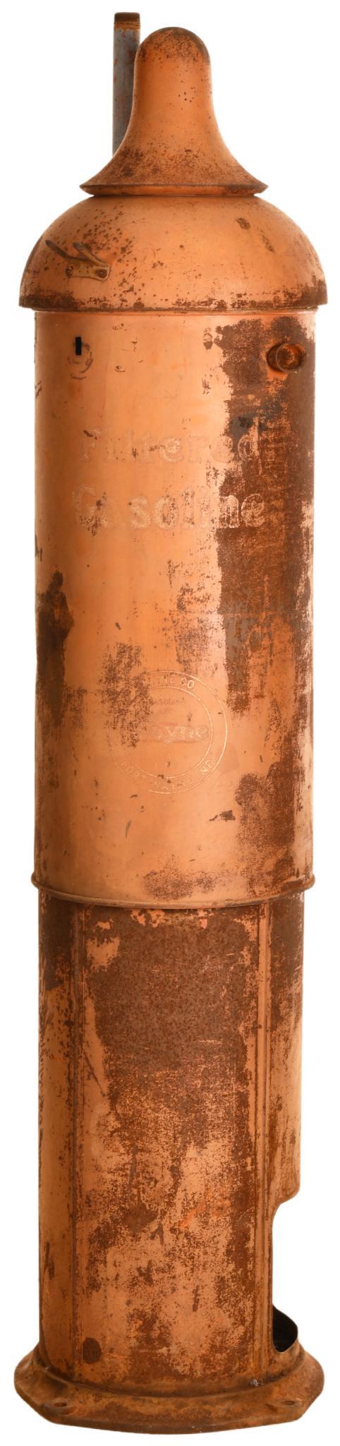 Wayne 275 Curb Side Gas Pump: Can see some of the original stenciling, shows wear, paint loss, and a few dents throughout, nice original look, very old repaint, 82"x17", rated 7.25