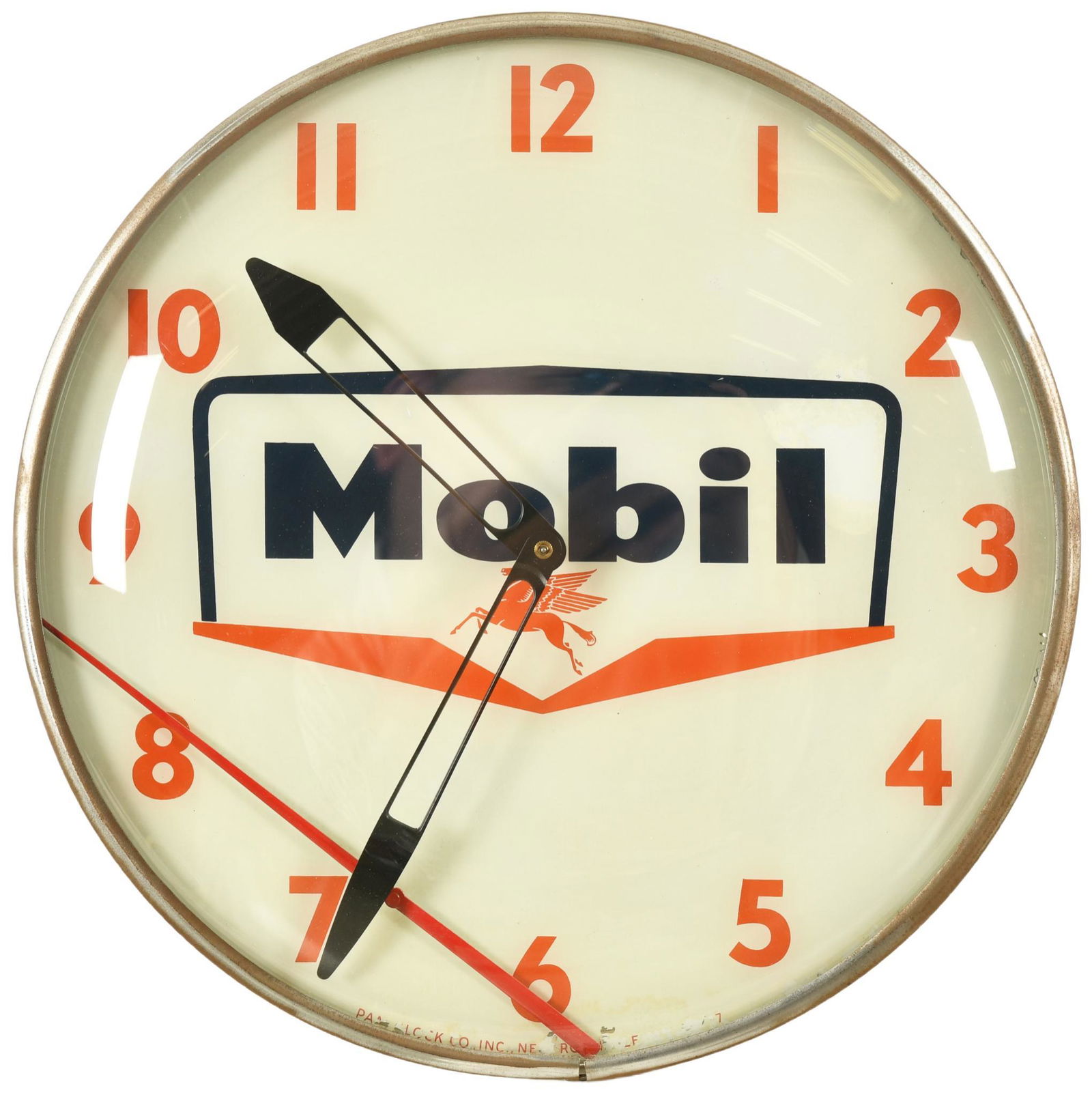 Mobil Pam Clock: Does not keep time and needs bulbs, hands are in the bottom, shows wear, slight discoloration, and paint loss throughout, 15", rated 7.5+