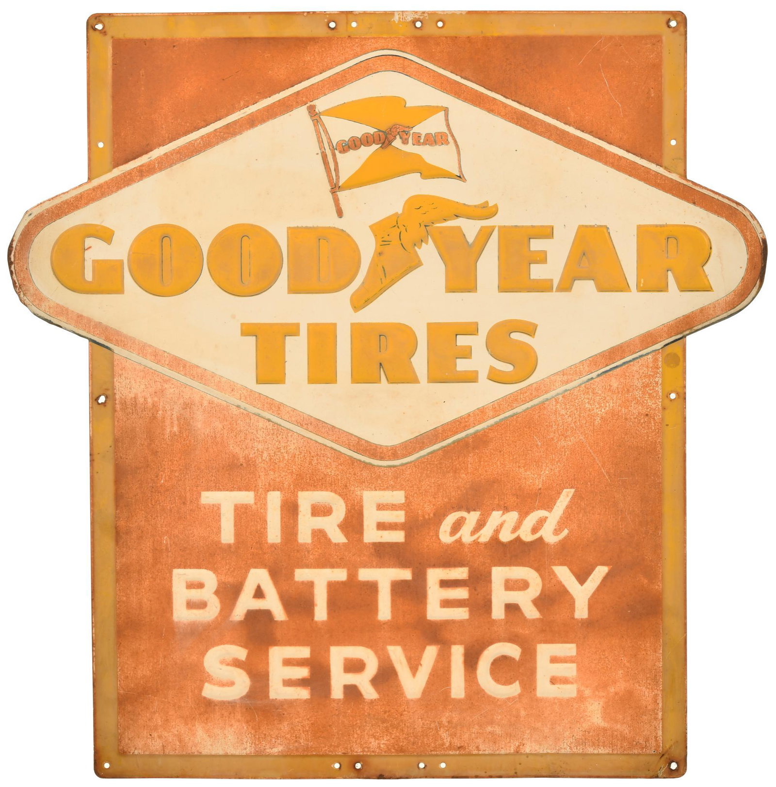 Goodyear Tire and Battery Service Sign: SSTE, has poor color and gloss, shows wear, discoloration, paint loss, and some metal damage, 36"x35.5", rated 6.25