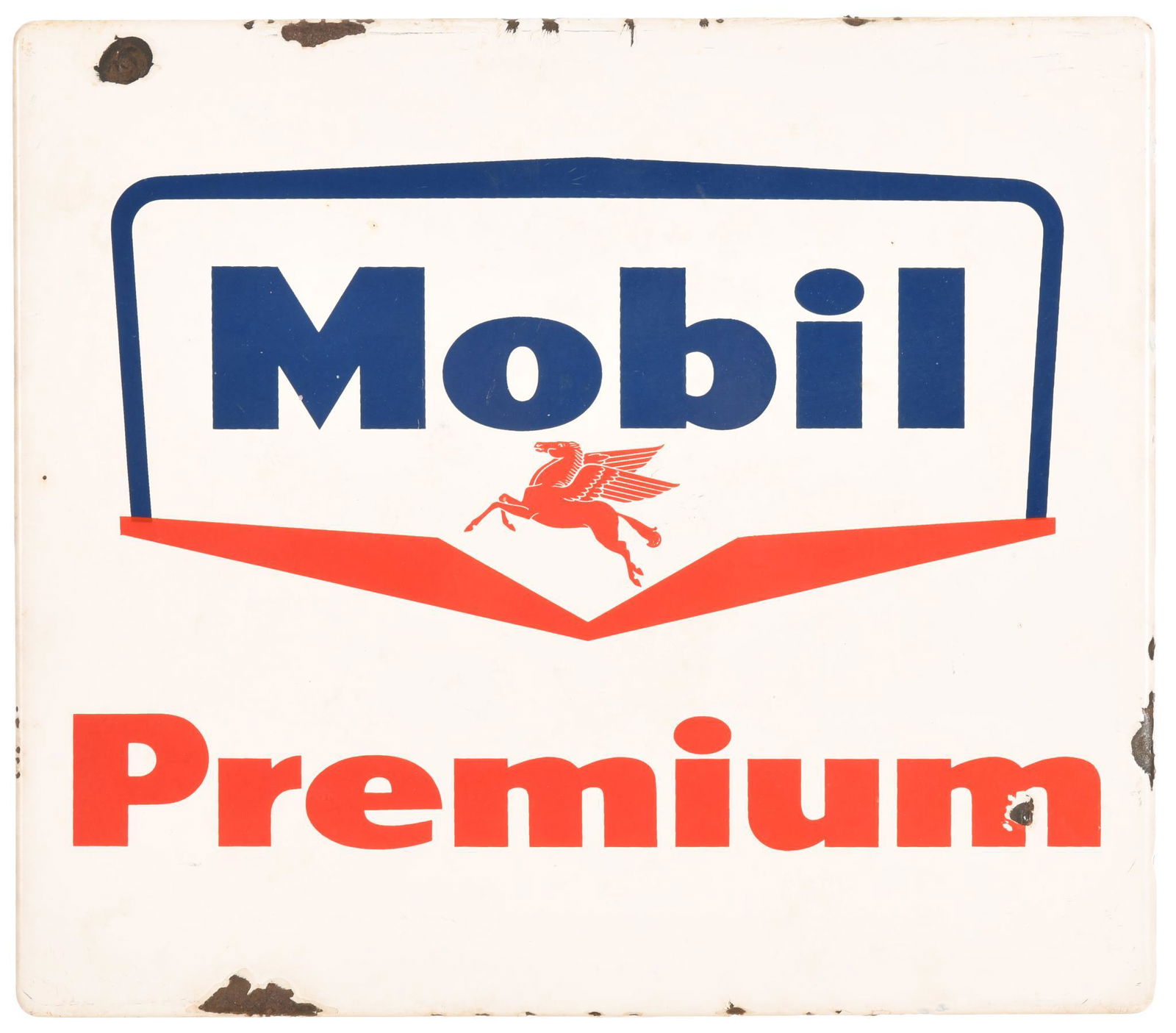 Mobil Premium Gas Pump Plate: SSP, has good color and gloss, shows some wear and chipping, 12"x14", the studs on the back are broken or missing, rated 8+