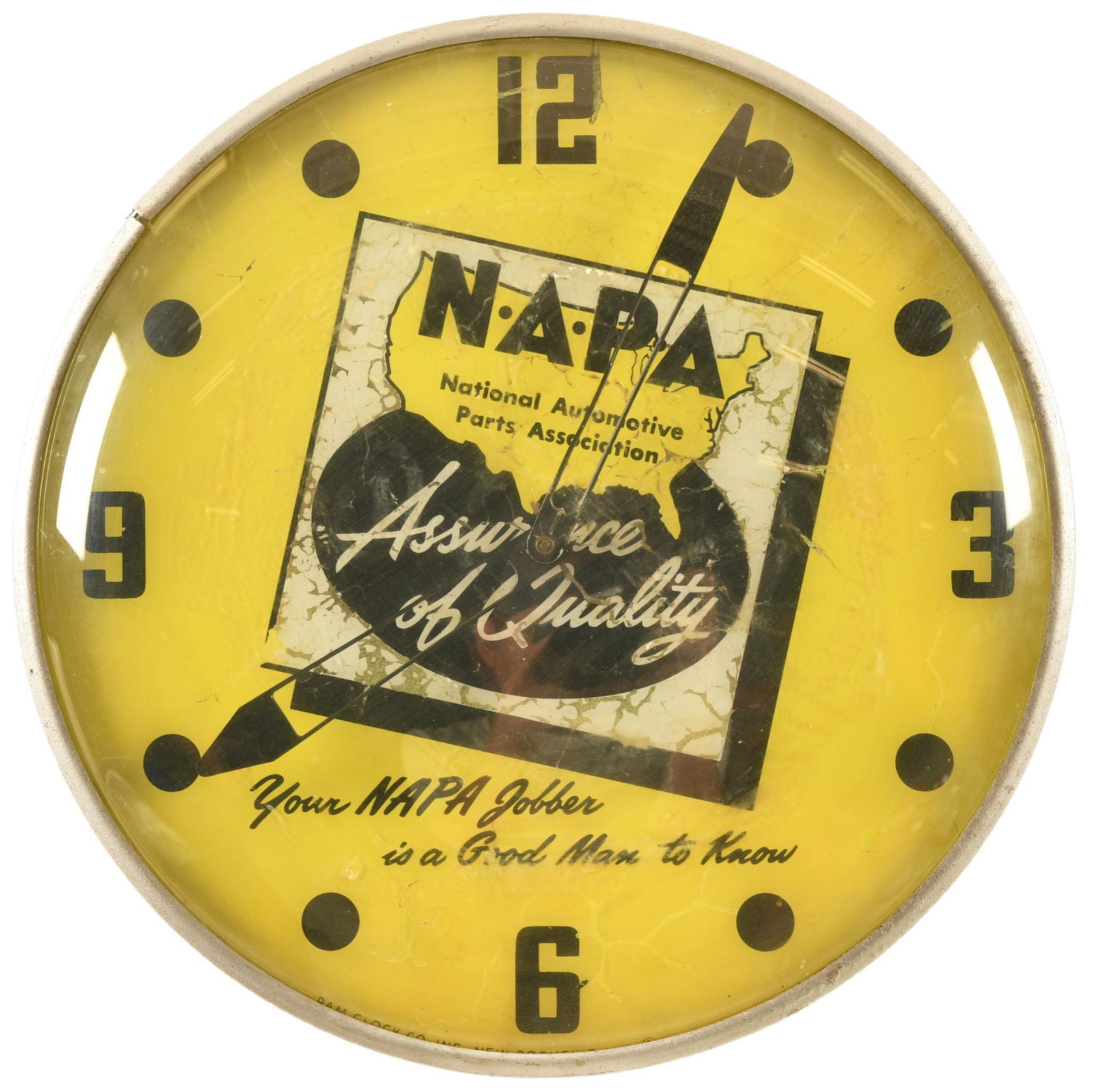 NAPA Lighted Pam Clock: Lights up but does not keep time, shows wear, paint loss, and some touch up, case has been repainted, 15", rated 6.75