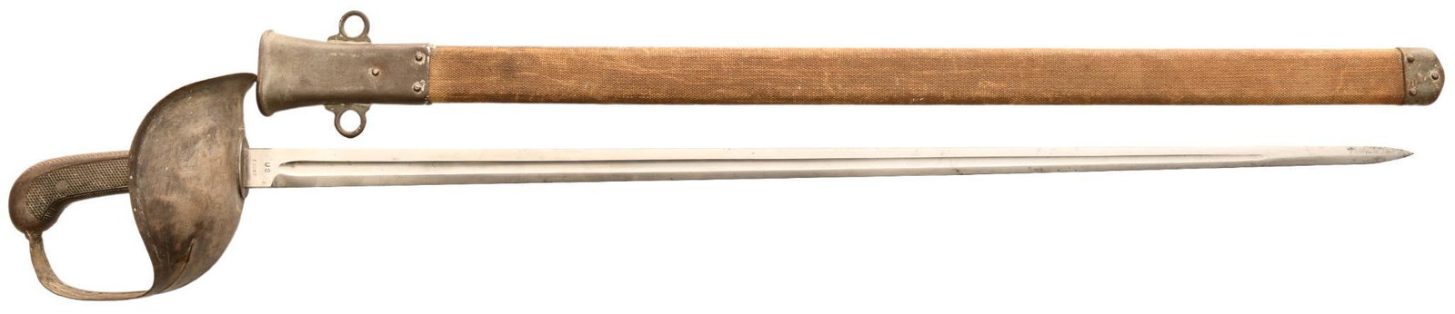 World War I Era U.S. M1913 Cavalry Sword: Marked S A 1914 and US 13917, also known as the Patton sword, has original scabbard, shows signs of wear, discoloration, and age, in overall very good condition, 43.5" long, rated 8.25