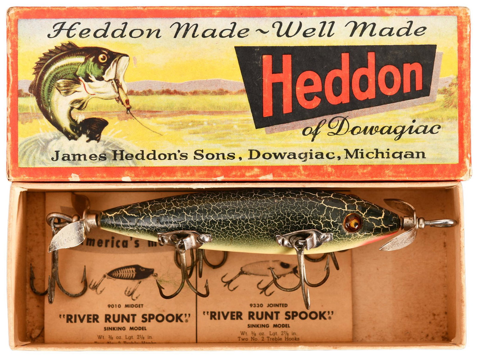 Heddon 150 Five Hook Underwater Minnow With Box: 1930's Heddon Five Hook Underwater Minnow with 2 pc. hardware, blemish free eyes and unique stencil covering the belly.Comes with the correctly marked 2 pc. cardboard box which is crisp.A great lure a