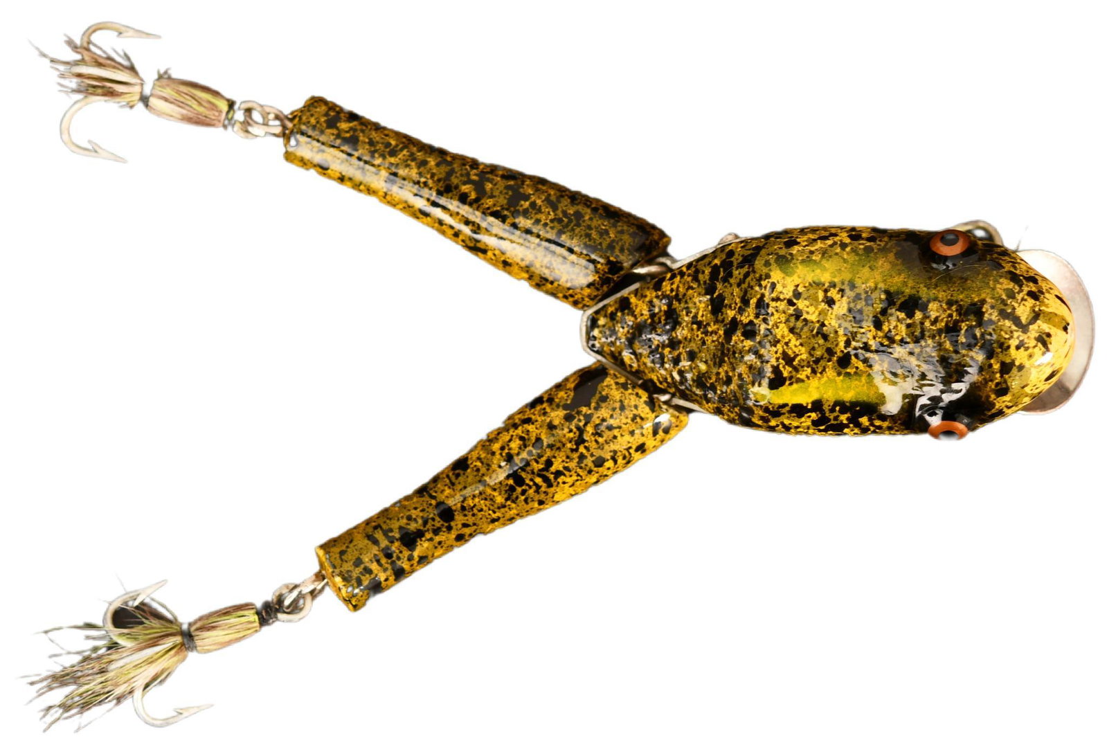 No. 72 Series Paw Paw Large Wotta Frog Lure: Coming in a tough Yellow And Black Splatter finish. This large sized Paw Paw Wotta Frog is noteworthy for having hair at the base of each treble hook. A feature attributed to the earliest Wotta-Frog m