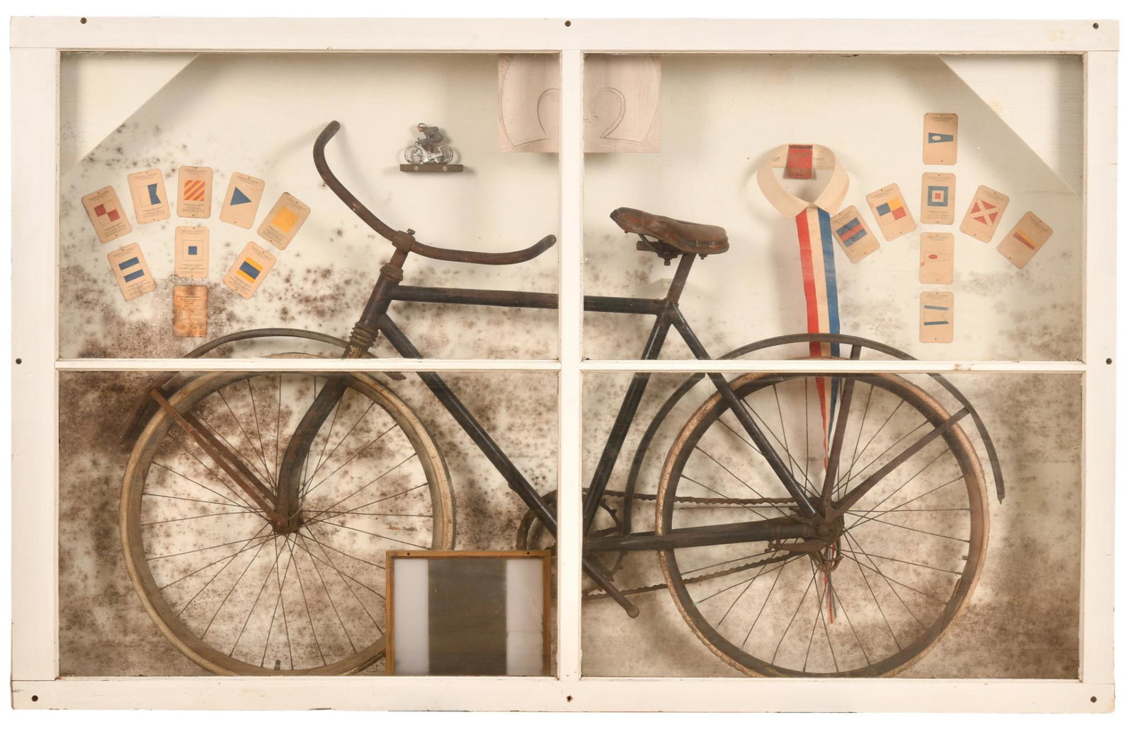 Early Boys Bicycle In Shadowbox: Bicycle has a very old repaint, missing the badge, the front forks are facing the wrong way in the case, block chain, shows wear and paint loss throughout, approximately 20" diameter wheels, shadowbox