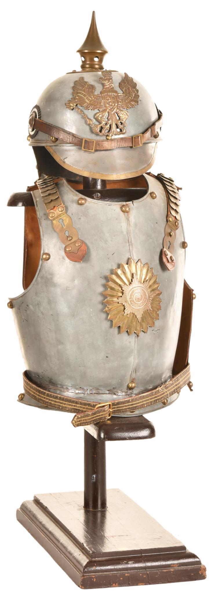 Prussian/German Childs Armor Set: Children armor set, these were common in late 19th/early 20th century Europe, metal and leather chest cuirass, metal and fabric spiked Pickelhaube style helmet commonly associated with WWI Prussian/Ge
