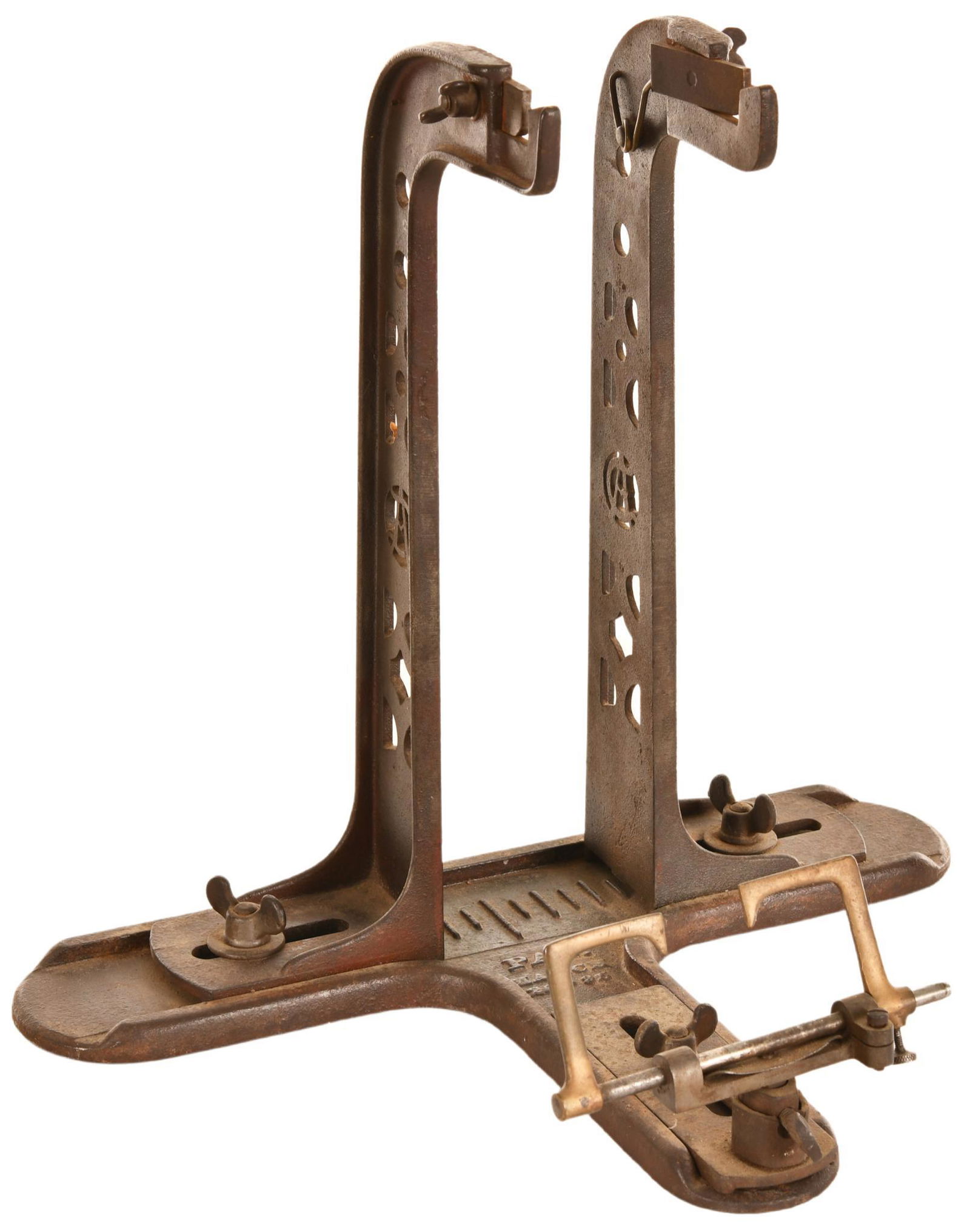 Early A Dudley Bicycle Wheel Truing Stand: Cast iron, Pat. March 26-95, shows wear and paint loss throughout, appears to be complete, hardware all moves and is free, 17.5" tall, rated 6.75
