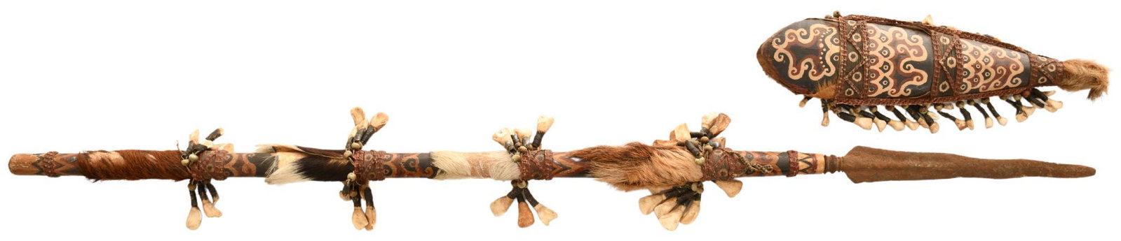 Antique African Spear: African style spear adorned with painted designs, animal fur, cords, beads, and animal teeth, blade is very dull and rusty, shows wear, discoloration, paint loss, and rust, age unknown but looks older