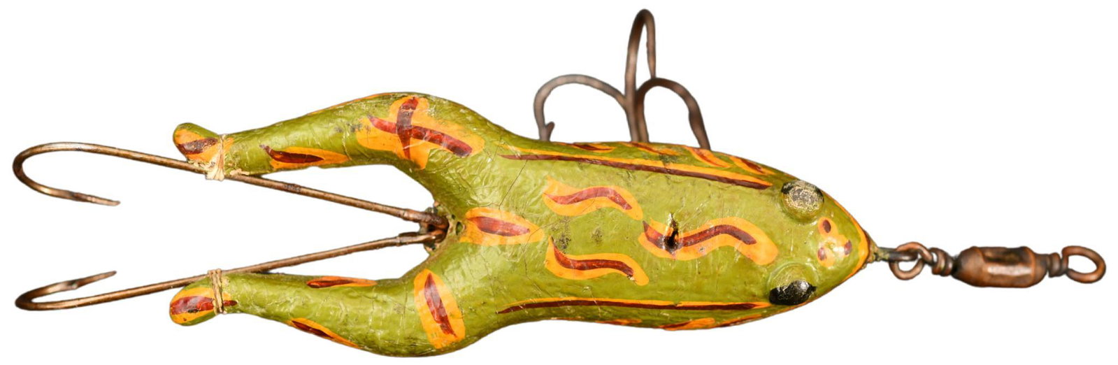 Stunning And Early Pflueger Satin Cork Frog: A literal gem of a scarce and early Pflueger Satin Frog. Grading excellent with its signature squiggly paint pattern and decorations with two down turned hooks. More than likely unfished. No upgrade r