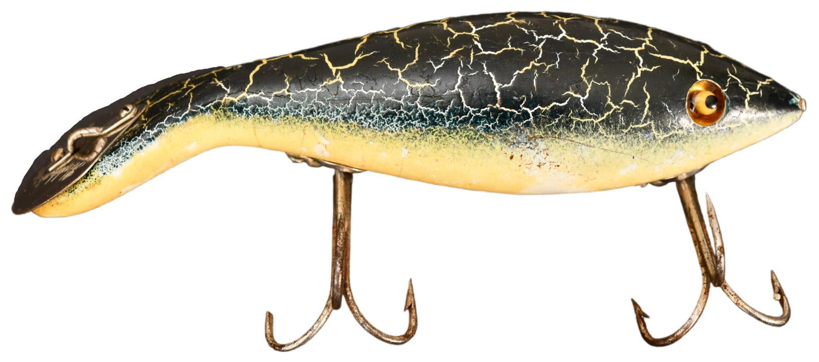 Early Heddon 5000 Tadpolly Casting Lure: Unique 1920's Heddon 5000 Series Tadpolly with apple shaped tail plate. L-rig hardware, glass eyes. A very neat looking, early bait which is in nice condition. Hard to find.