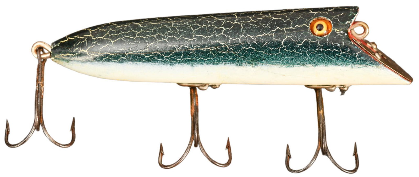 Early Heddon Thin Body 8500 Basser Lure Crackle Back: Coming in a extremely scarce Crackle Back finish with L-rig hardware. This introductory model Heddon Basser will date to 1921. Heddon engraved lip plate and overall in very nice condition.
