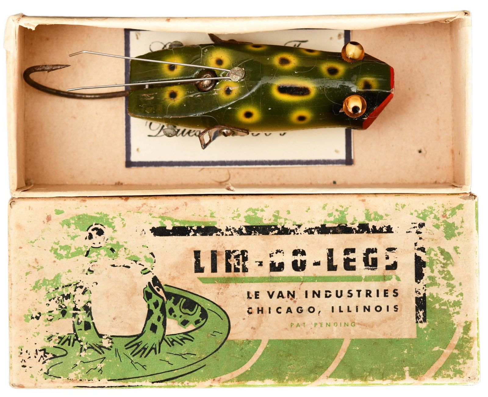 Lim-Bo Legs GE Frog With Picture Box: Seldom seen Le Van Industries Limbo Legs Frog, GE with wood body, single hook with double weed guards mounted to the back, about EX-, missing legs. Comes with the extremely difficult to find and rare 