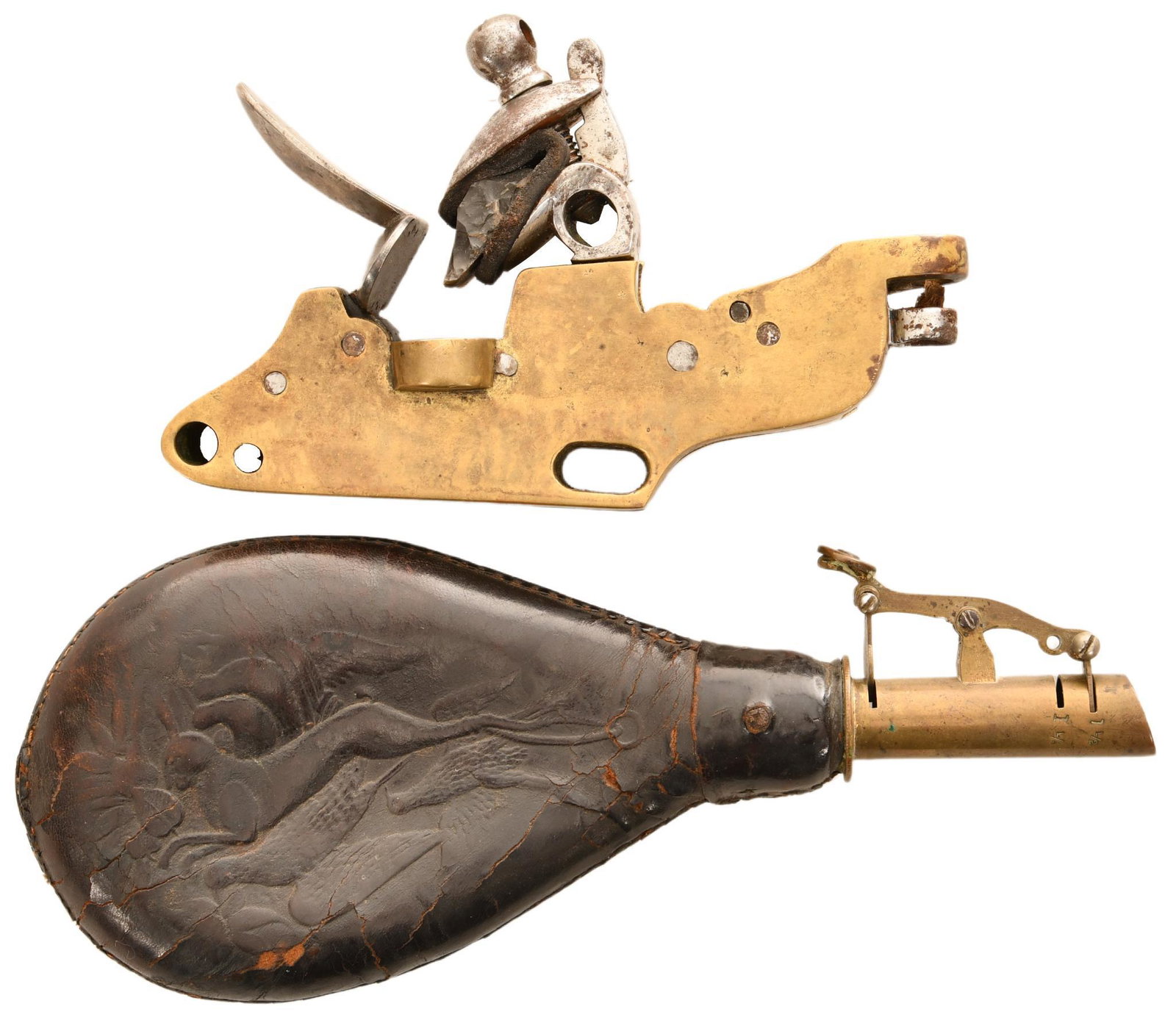Flintlock Mechanism and Leather Shot Pouch: Flintlock mech is unmarked and appears to be made in such a way that pulling a rope acts as the trigger, seems to work as it should, shows some wear, finish loss, and oxidation but is in overall very 