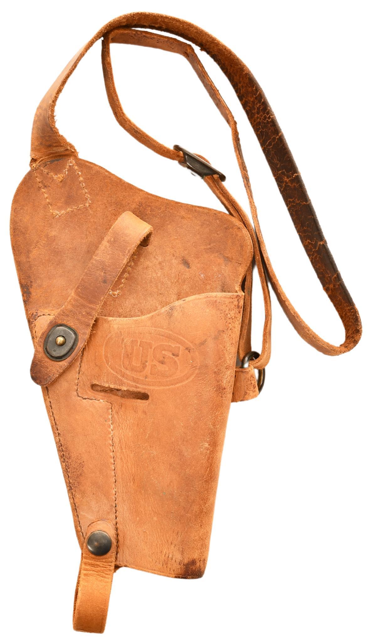 World War II Era U.S. M3 Shoulder Holster: Made by Enger-Kress for the 1911 pistol, designed for airman and tank crews, shows wear, age, discoloration, and some cracking in the leather, overall good condition, displays very well and is a great
