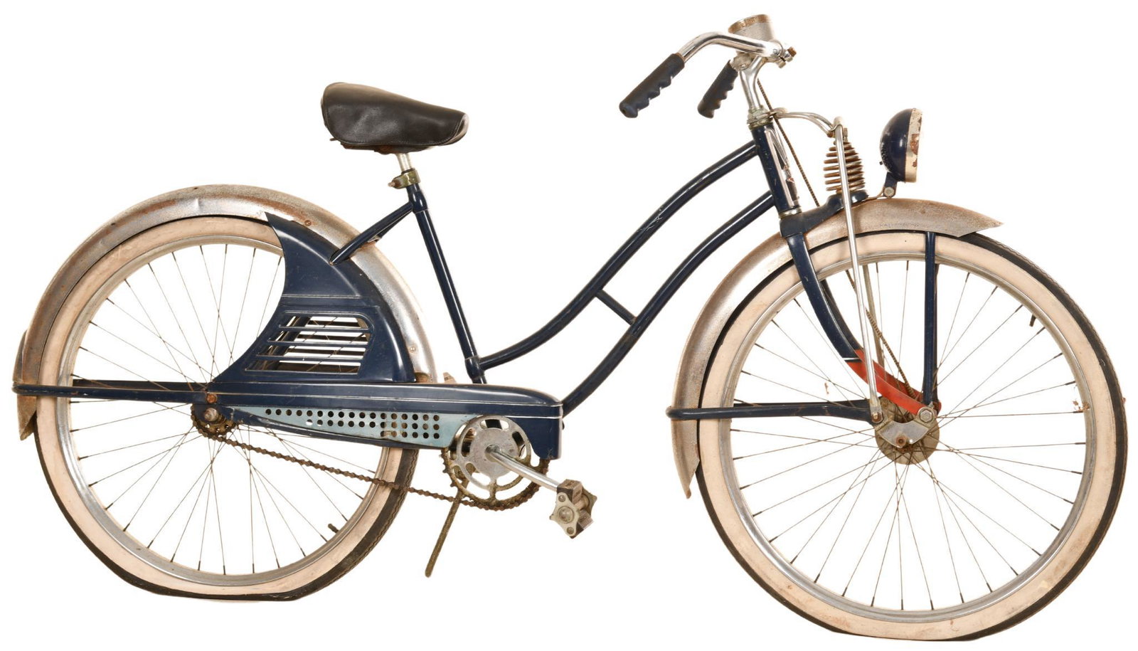 J.C. Higgins Colorflow Ladies Bicycle: Original paint, beehive springer, skirt guards, has a great look, missing the tank and rear rack, shows wear, paint loss, and dents, displays well, has speedometer but you can't read it, 26", 36.75"x7
