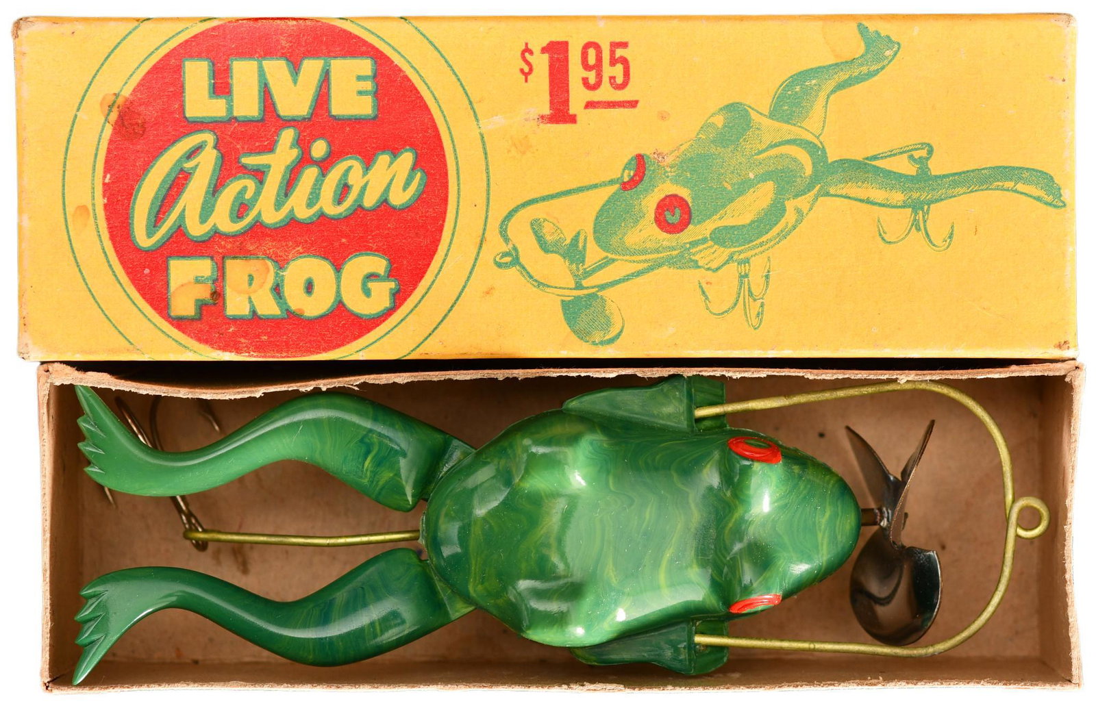 Live Action Frog With Picture Box: From the Action Frog Corp. of Long Beach, CA., in pristine condition with matching picture box. Hard plastic frog is finished in a green swirl pattern and has the propeller driven rear legs. Condition