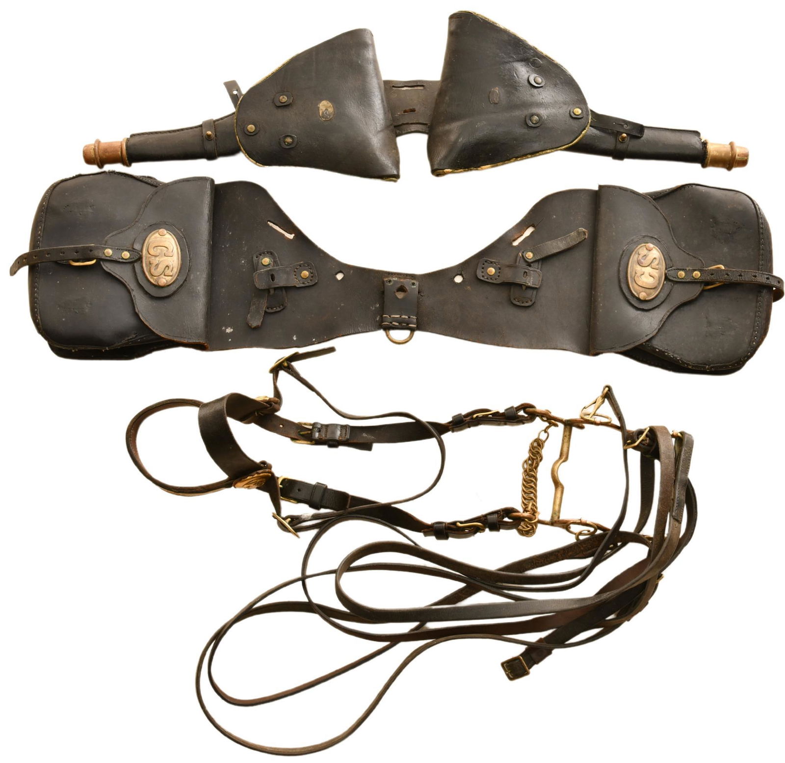 Lot of Civil War Era Leather Cavalry Gear: 1 early revolver saddle pommel holster in fair to good condition, missing its badges, shows signs of wear, leather damage, metal tarnishing, and age, 37" when measured tip to tip, 1 set of leather sad