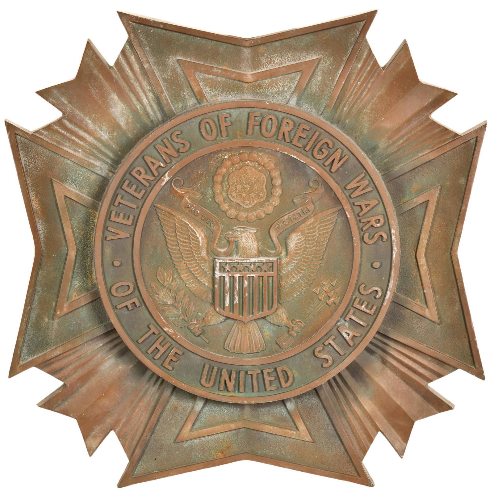 Veterans of Foreign Wars Plaque: Large, very heavy, cast construction, possibly bronze, shows signs of wear, oxidation, chipping, discoloration, and some dents/dings along the edges, displays exceptionally well and has a great look,