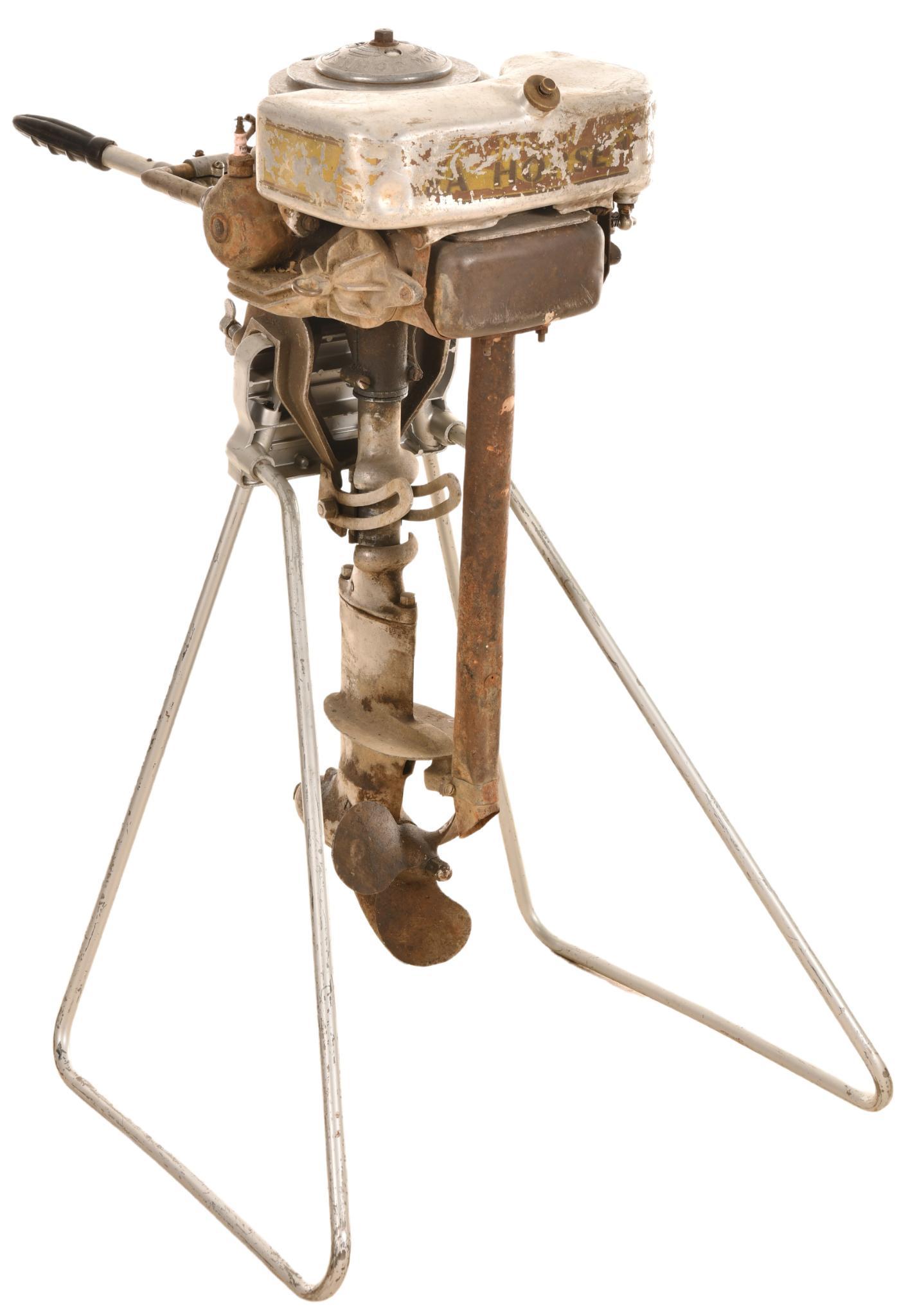 Johnson K-45 Boat Motor: Original unrestored condition, shows some wear and a few dents throughout, turns free and has compression, fuel tank is green with oxidation under the cap, on a Evinrude stand, 45.5" tall, rated 7 *th