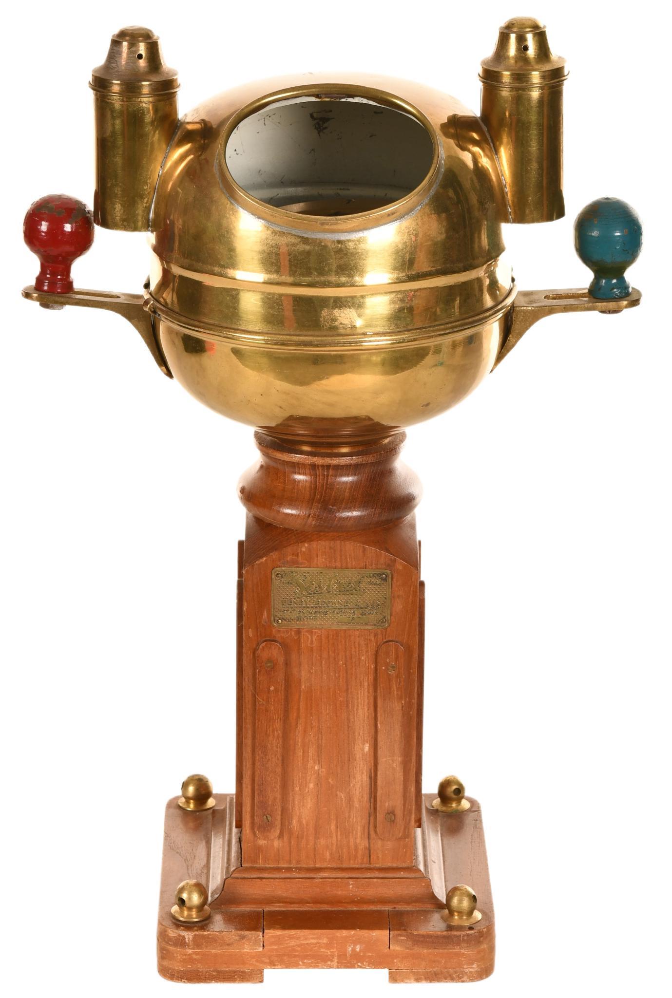 Antique Binnacle Sestrel Marine Compass: Sestrel compass by Henry Browne and Son, marked Station Works Barking Essex Type A, has original metal tag, shows signs of wear, discoloration, metal tarnish, paint/finish loss, oxidation, and dents/d