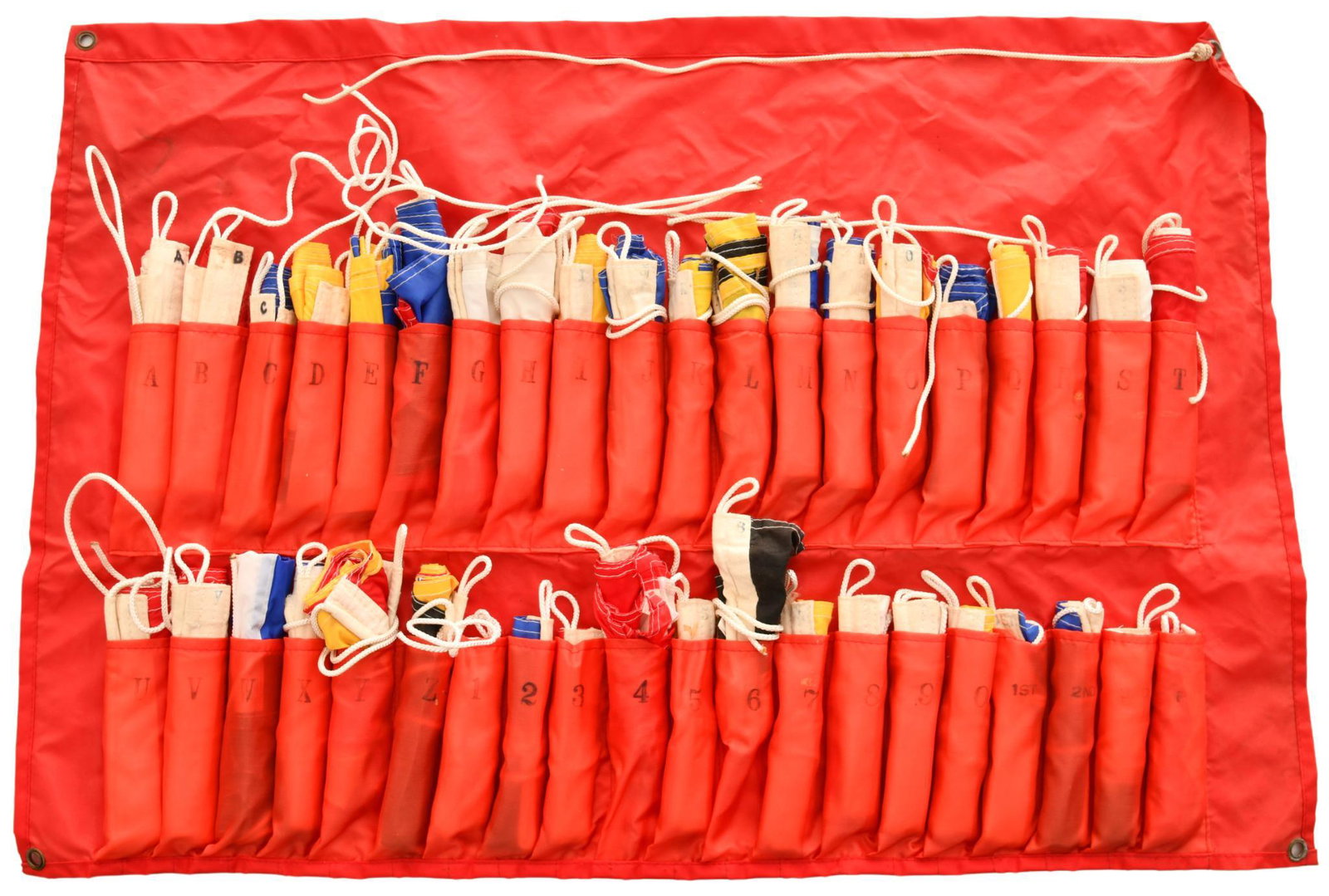 Maritime Signal Flag Set: Maritime signal flag set, 38 flags in total, all show wear and discoloration, in carrying case, 30"x20.5" in the case, rated 7 collectively