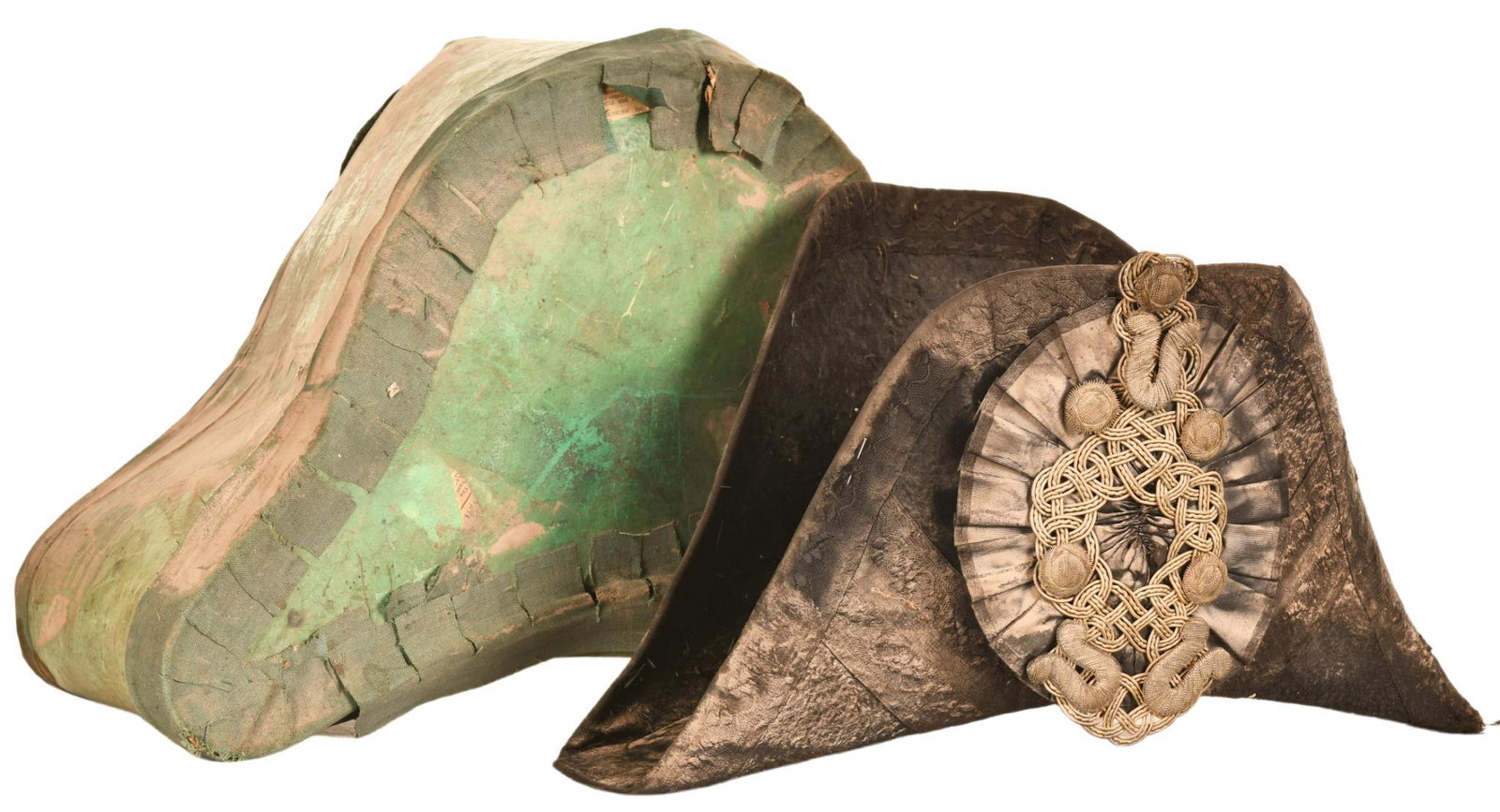 Vintage Bicorne Hat In Original Box: Finely decorated bicorne hat in what appears to be its original box, very delicate, unable to determine age or maker, 19.5"x10.5"x8" in the box, hat and box show wear, staining, discoloration, fabric 