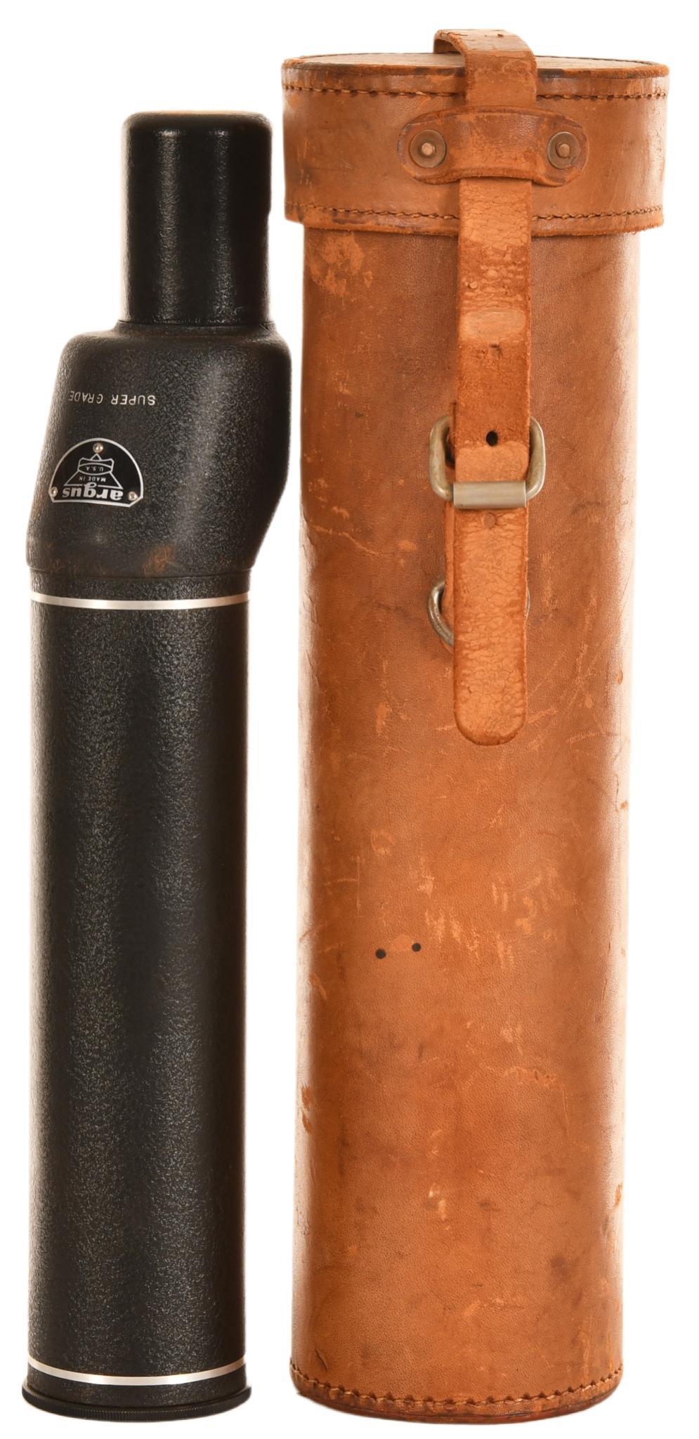 Argus Super Grade Spotting Scope: 20x, civilian version of World War II era M49 sniper spotting scope, functions as it should, has threaded lens cap, eye piece cover, and leather case, serial number 14646, scope and case show signs of