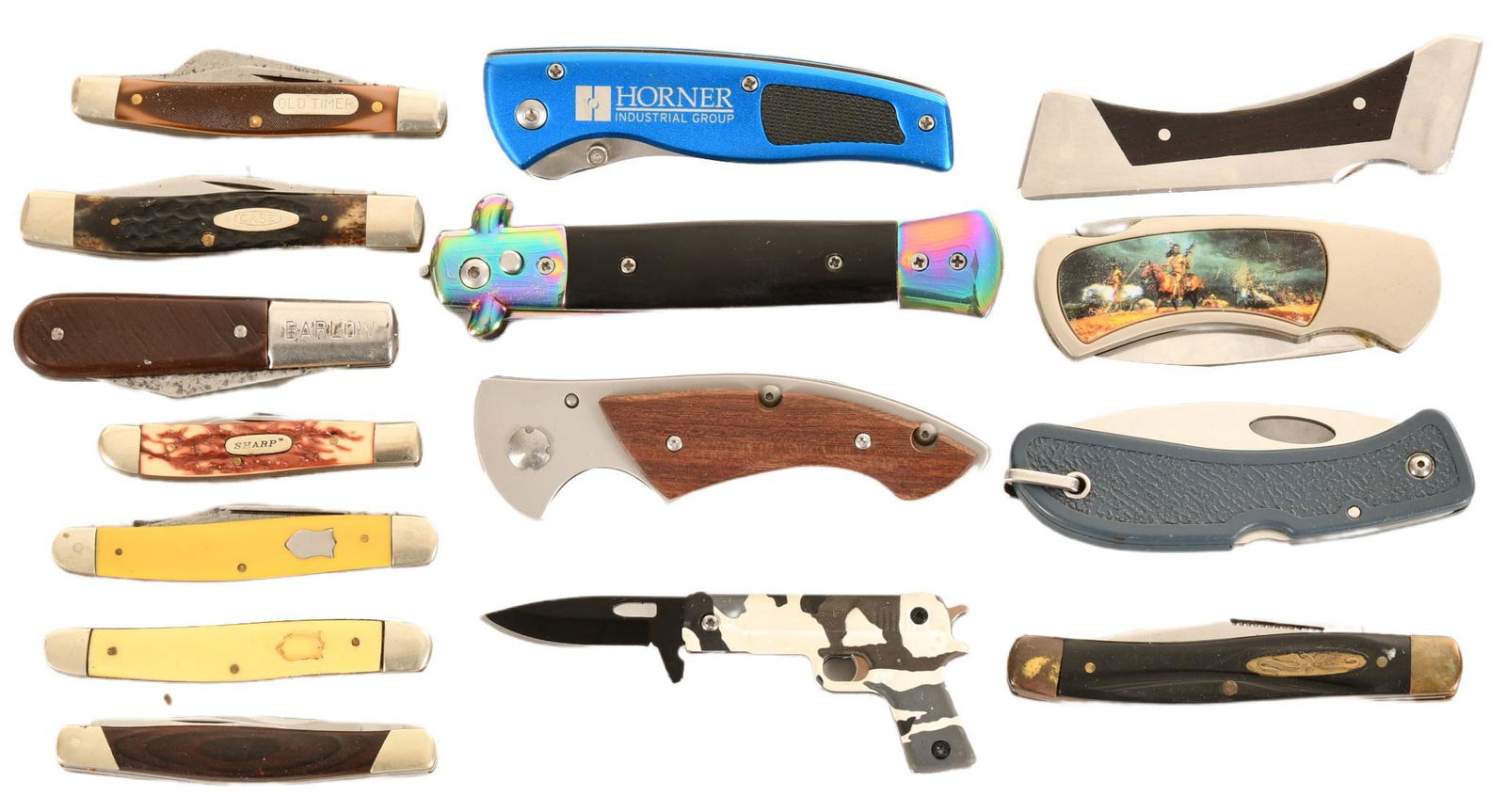 Lot of 15 Folding Knives: Various makers and conditions, Case, Old Timer, Barlow, includes one stiletto style automatic knife, 5.25" when closed or smaller, rated 6.75-9+