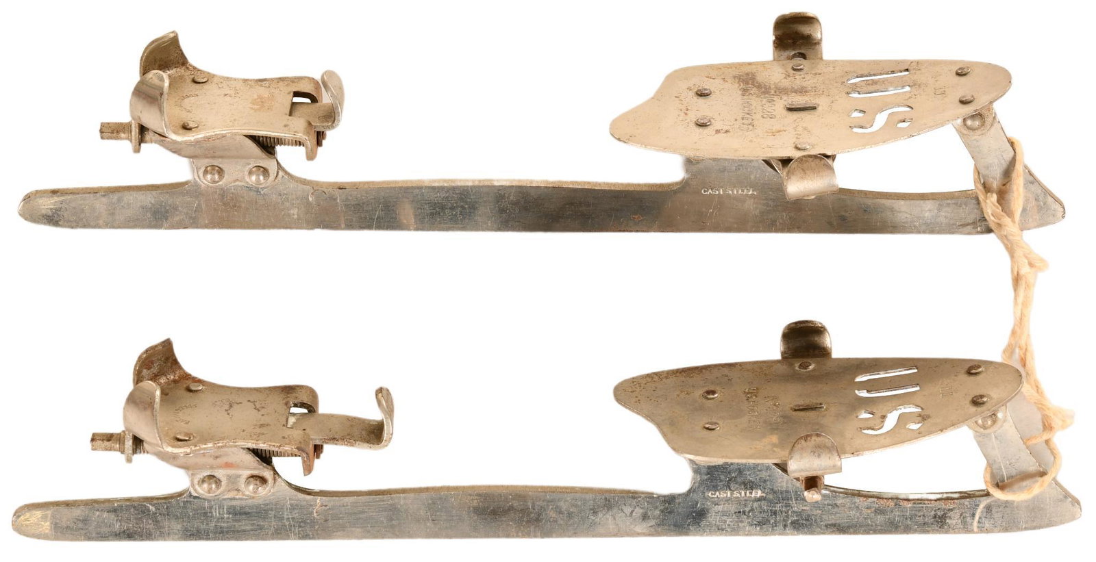 Pair of Antique US Hockey Skates: Marked Pat. May 9, 1905, No. 328 U.S. Hockey, size 11, cast steel construction, show signs of wear, oxidation, scratching, and dings/dents, display very well and would look nice hanging on a wall, 14"