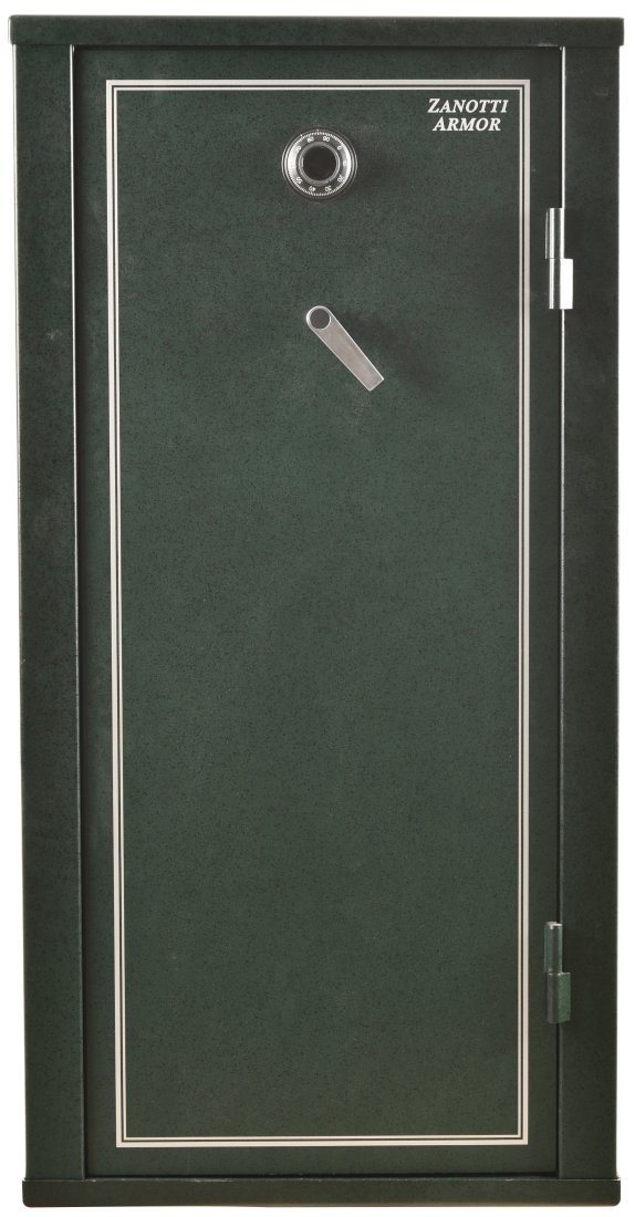 Zanotti Armor Modular Gun Safe: Sturdy gun safe by Zanotti Armor, has had a new lock and combination professionally installed, has adjustable shelving within with spaces for long guns and hand guns, shows signs of wear and slight pa