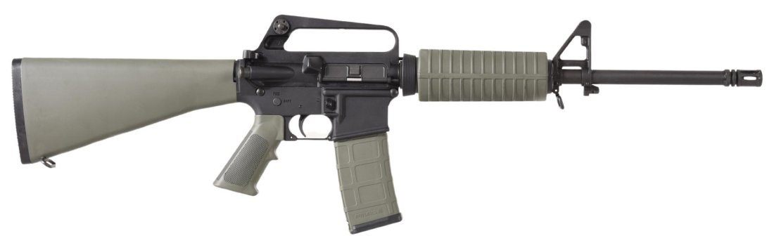 Olympic Arms AR-15 5.56 Caliber Semi Automatic Rifle: Great looking old school AR from Olympic Arms, 5.56/.223, bore is bright and rifling is sharp, strong crisp action, retains approximately 99% of original finish, has a compensator attached to barrel, 