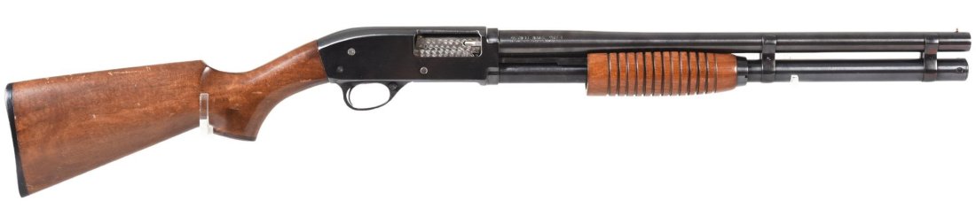 Mitchell Model 9108-B 12 Gauge Pump Shotgun: Pump action is smooth and strong, 19.5" barrel, bore and barrel are in great condition, jeweled action, shows wear from shooting and handling, wood stock has some small chips and nicks, retains approx
