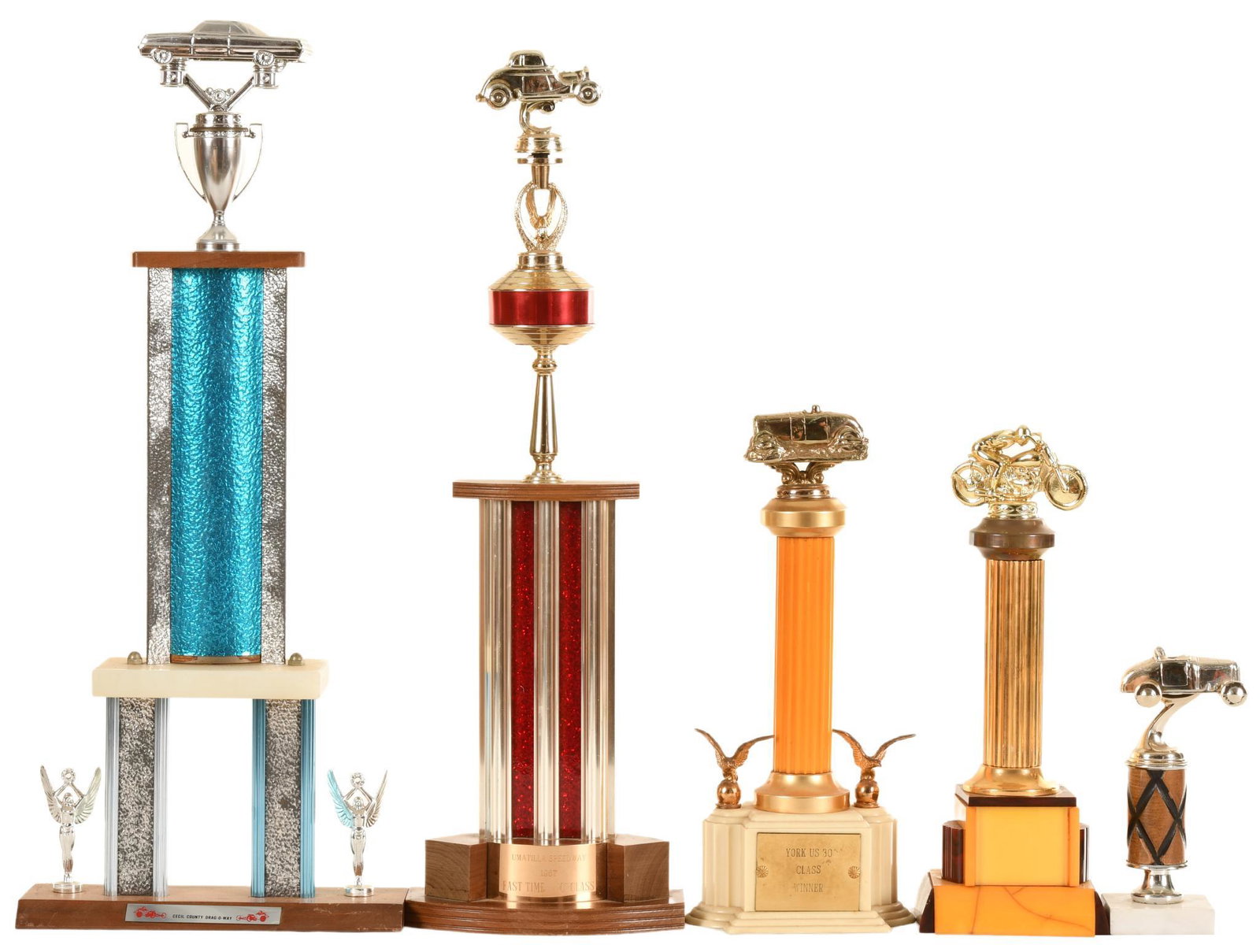 Lot of 5 Automotive Trophy's: Show some wear, paint loss, and scratching, display very well, 27" tall or shorter, very good condition