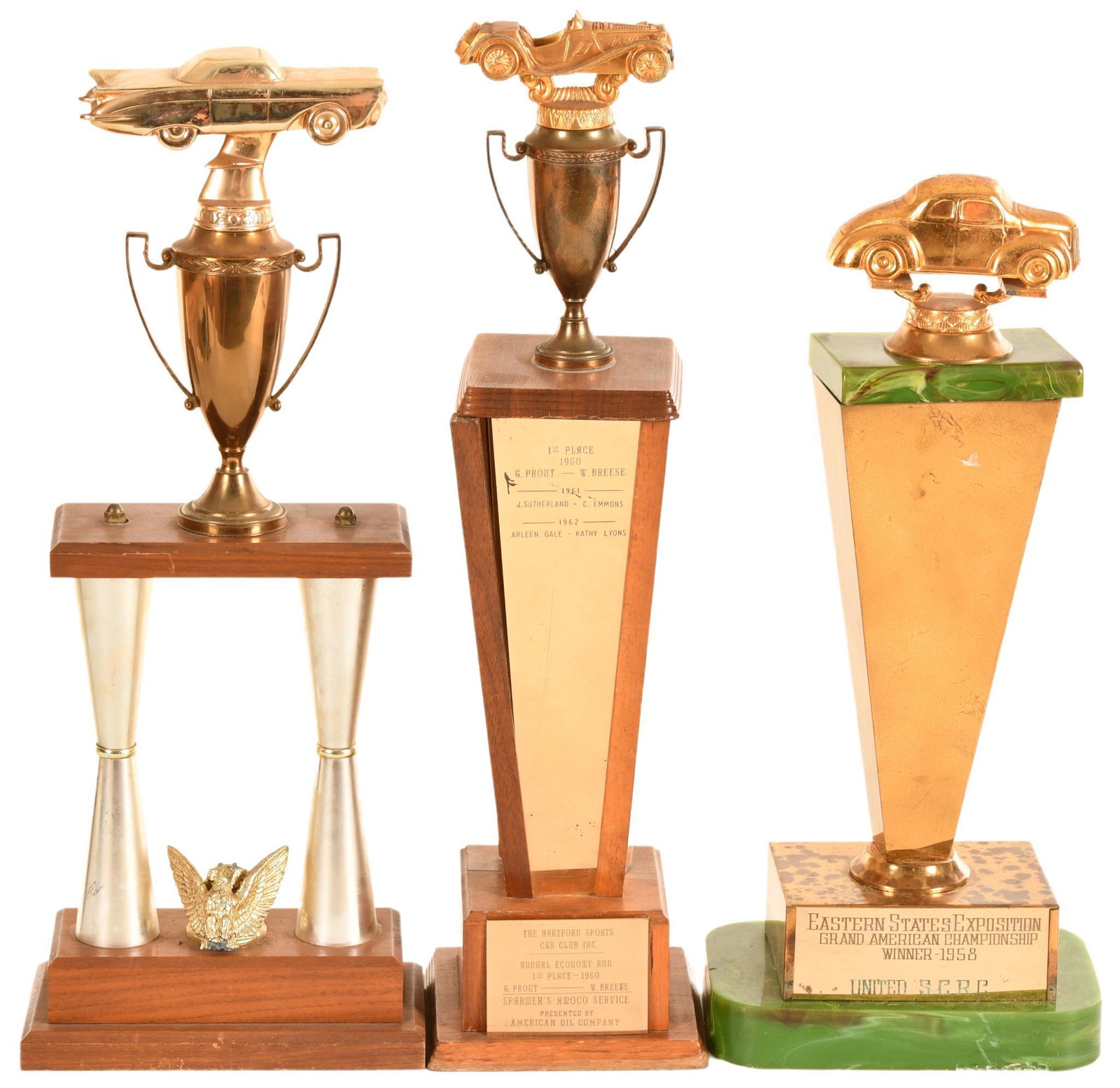 Lot of 3 Automotive Trophies: Show wear and paint loss, display very well, 21" tall or less