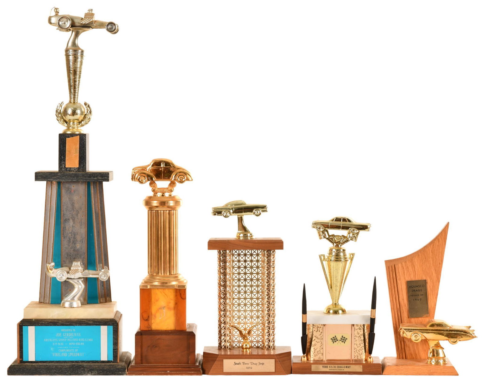 Lot of 5 Automotive Trophies: Show wear and paint loss throughout, display very well, 29" tall or less