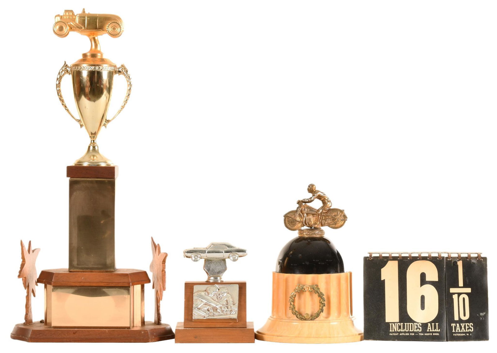 Lot of 3 Automotive Trophies and Gas Pump Prices: Show wear and paint loss throughout, displays well