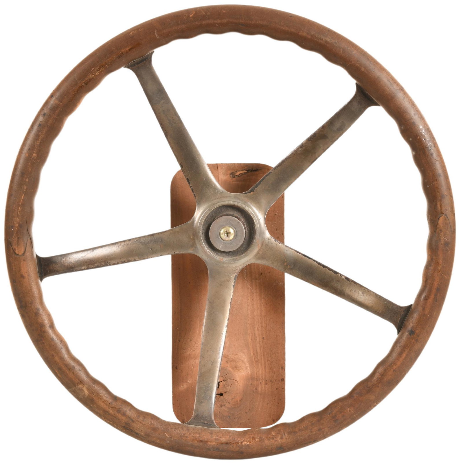 Vintage Steering Wheel: Steering wheel mounted to block of wood, shows paint loss and chipping throughout, displays very well, 21.5" diameter