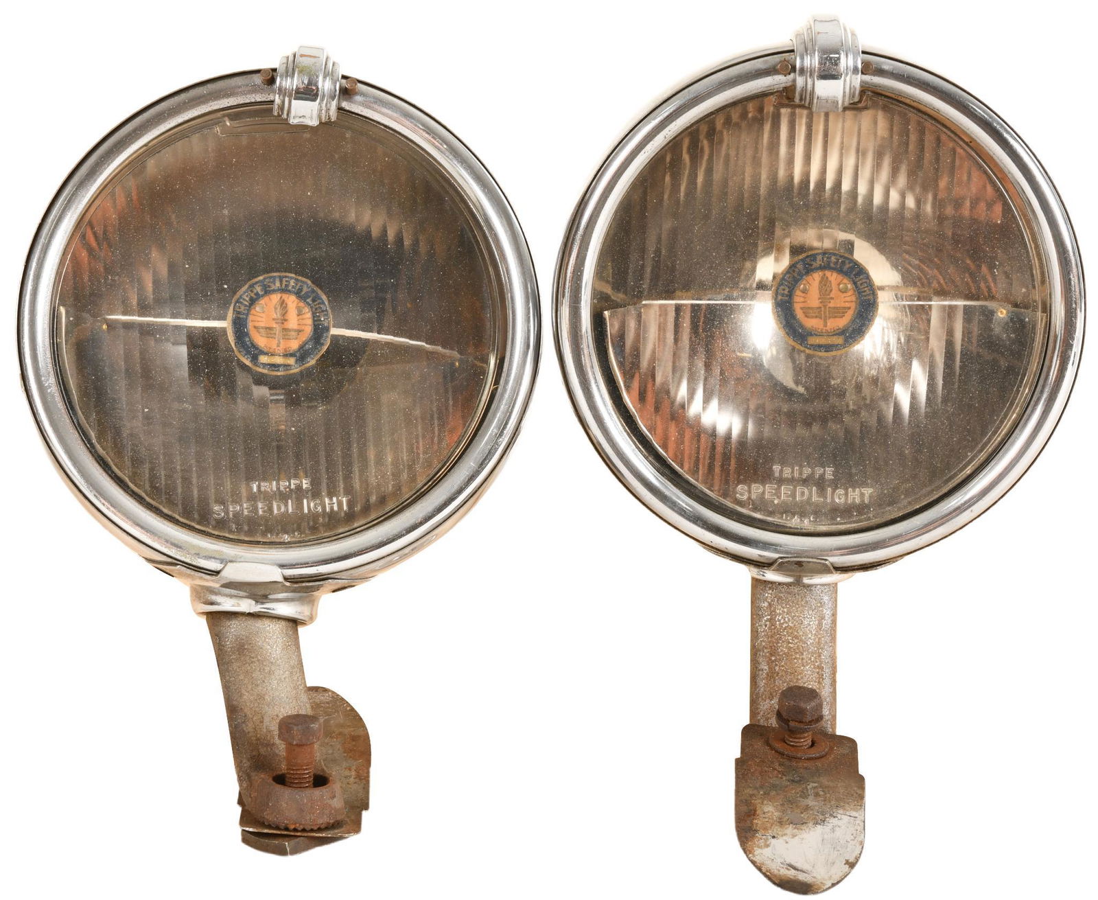 Set of Trippe Safety Lights: Trippe speed light written on glass, 2 lights, show light wear but are in good to very good condition and display well